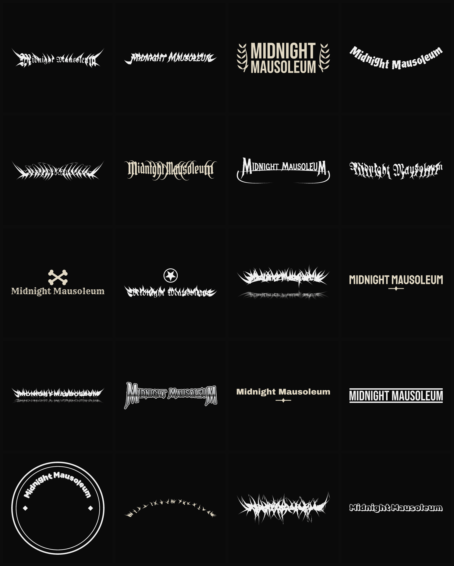 Twenty Midnight Mausoleum band logo ideas — different faces, treatments and spike settings