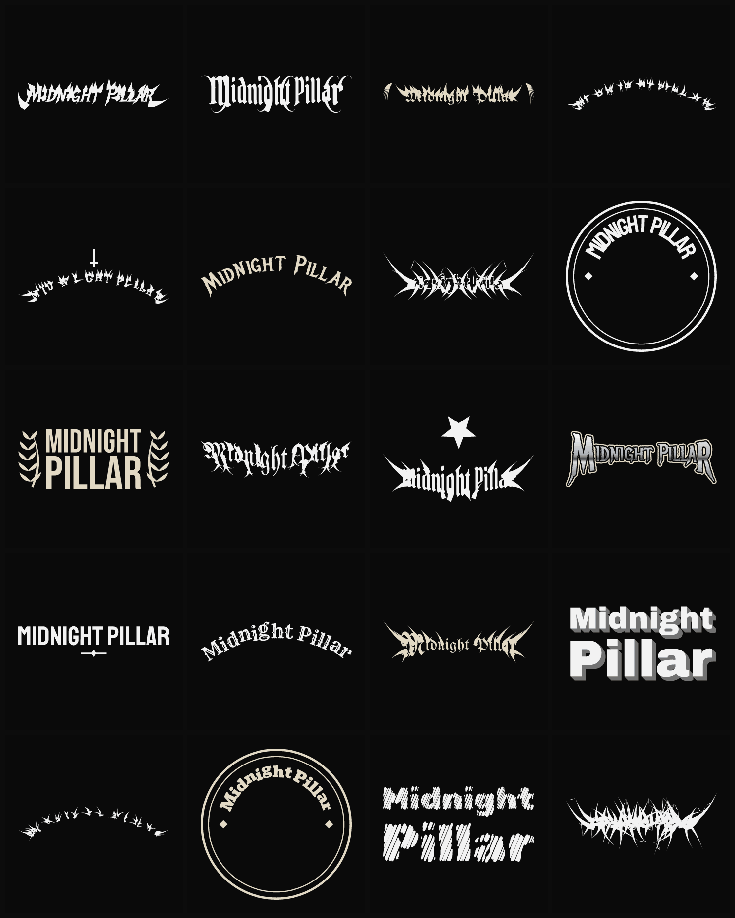 Twenty Midnight Pillar band logo ideas — different faces, treatments and spike settings
