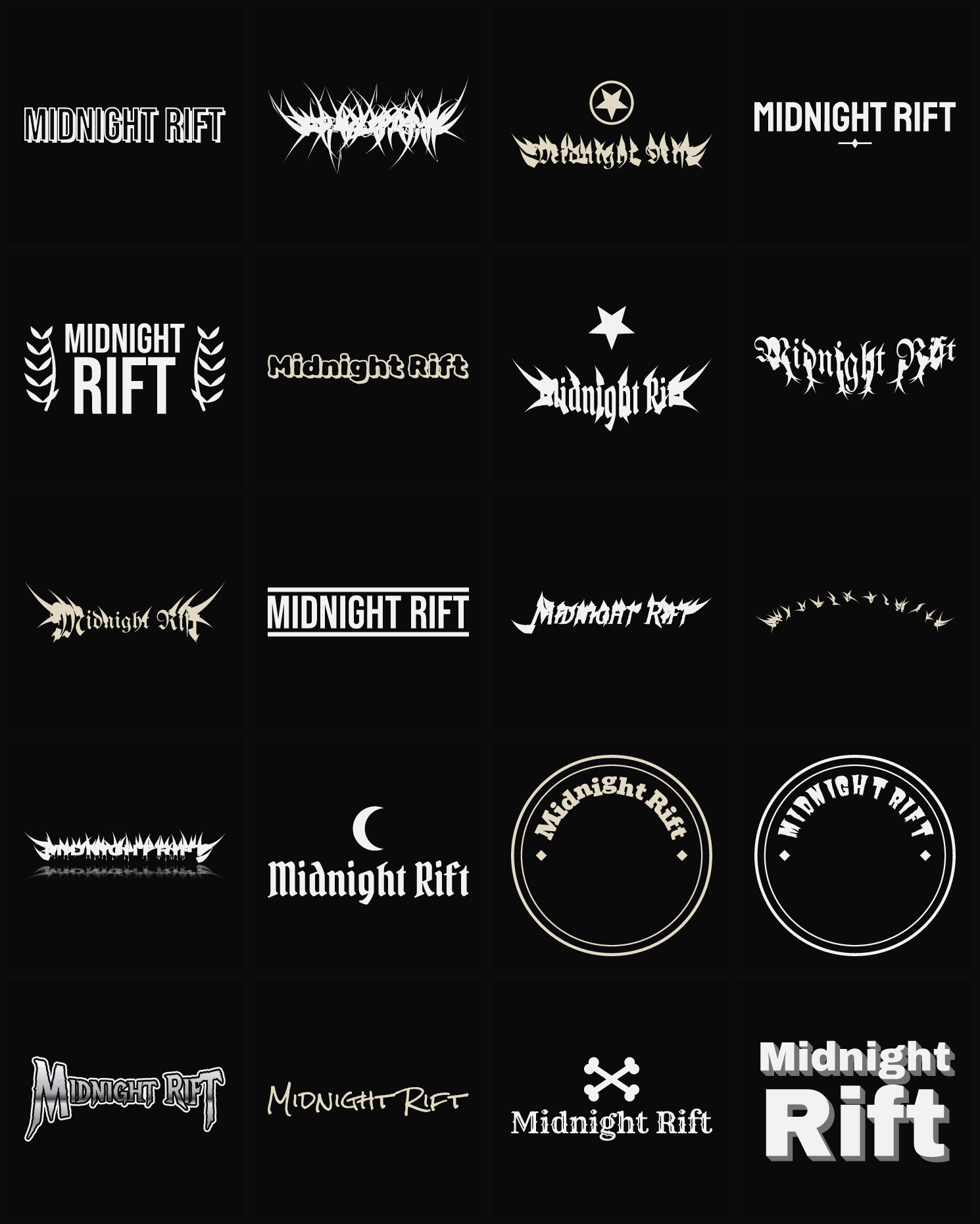 Twenty Midnight Rift band logo ideas — different faces, treatments and spike settings