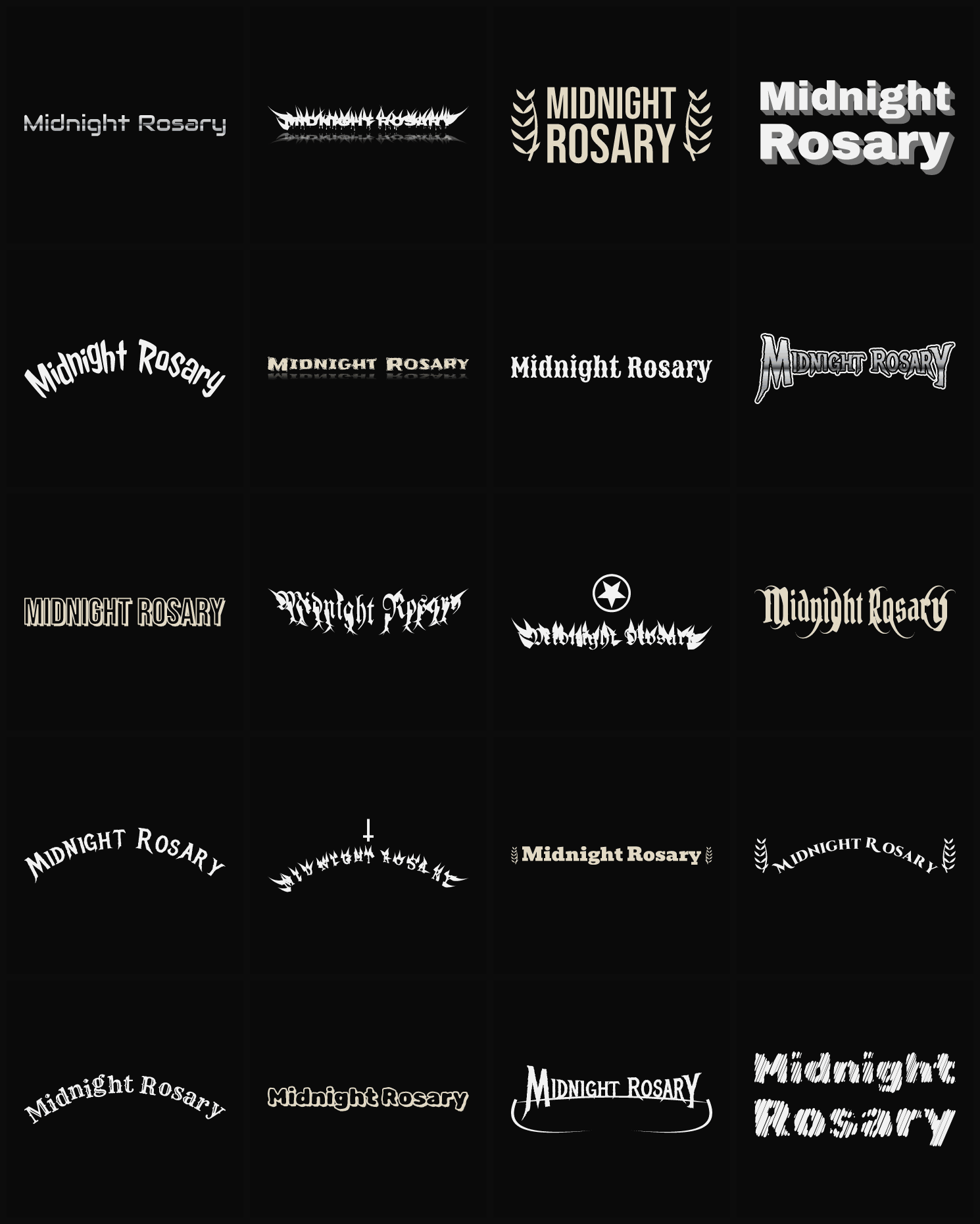 Twenty Midnight Rosary band logo ideas — different faces, treatments and spike settings