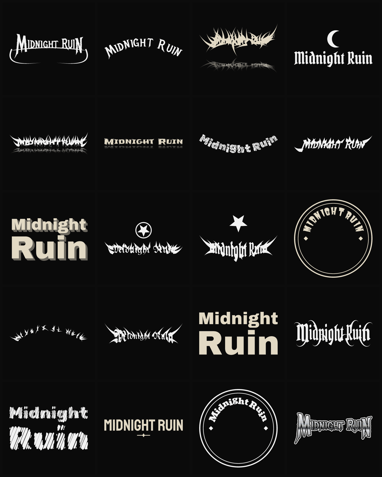 Twenty Midnight Ruin band logo ideas — different faces, treatments and spike settings