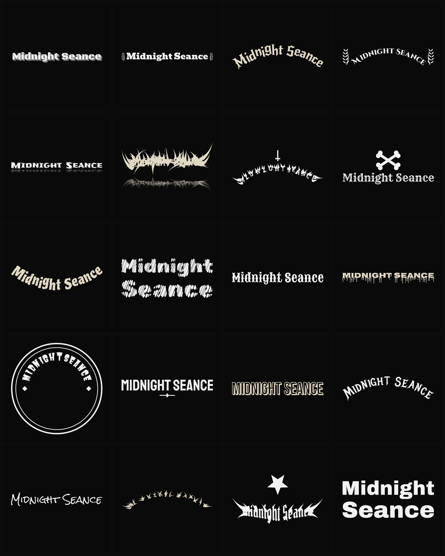 Twenty Midnight Seance band logo ideas — different faces, treatments and spike settings