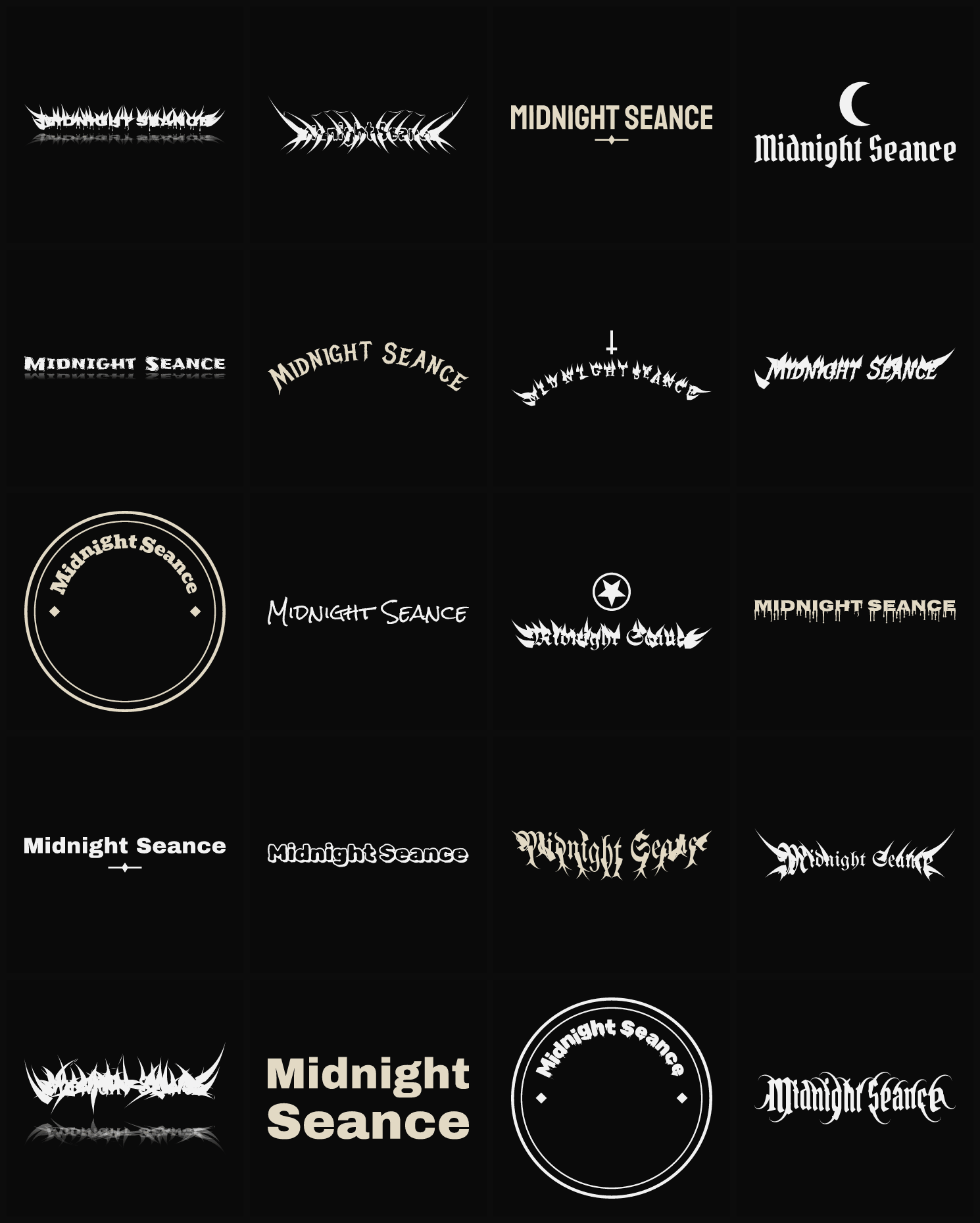 Twenty Midnight Seance band logo ideas — different faces, treatments and spike settings