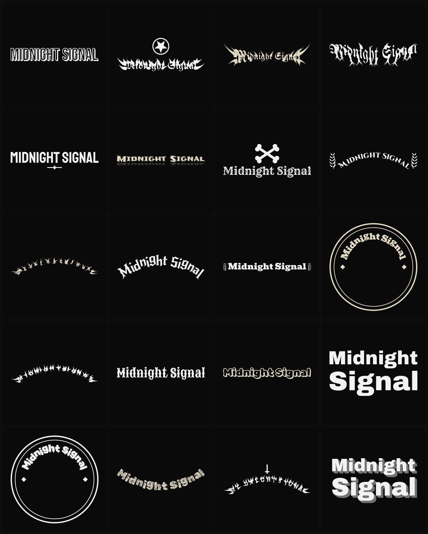 Twenty Midnight Signal band logo ideas — different faces, treatments and spike settings