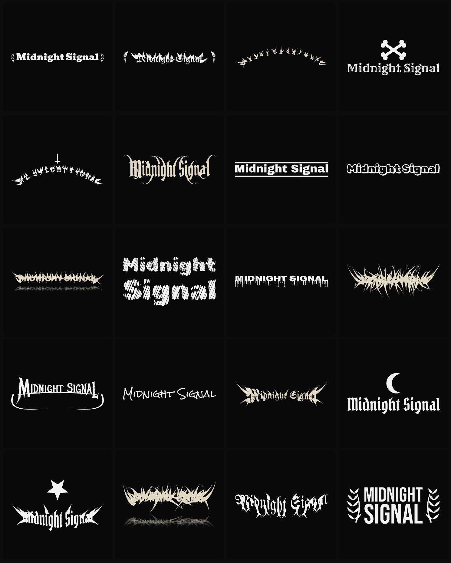 Twenty Midnight Signal band logo ideas — different faces, treatments and spike settings