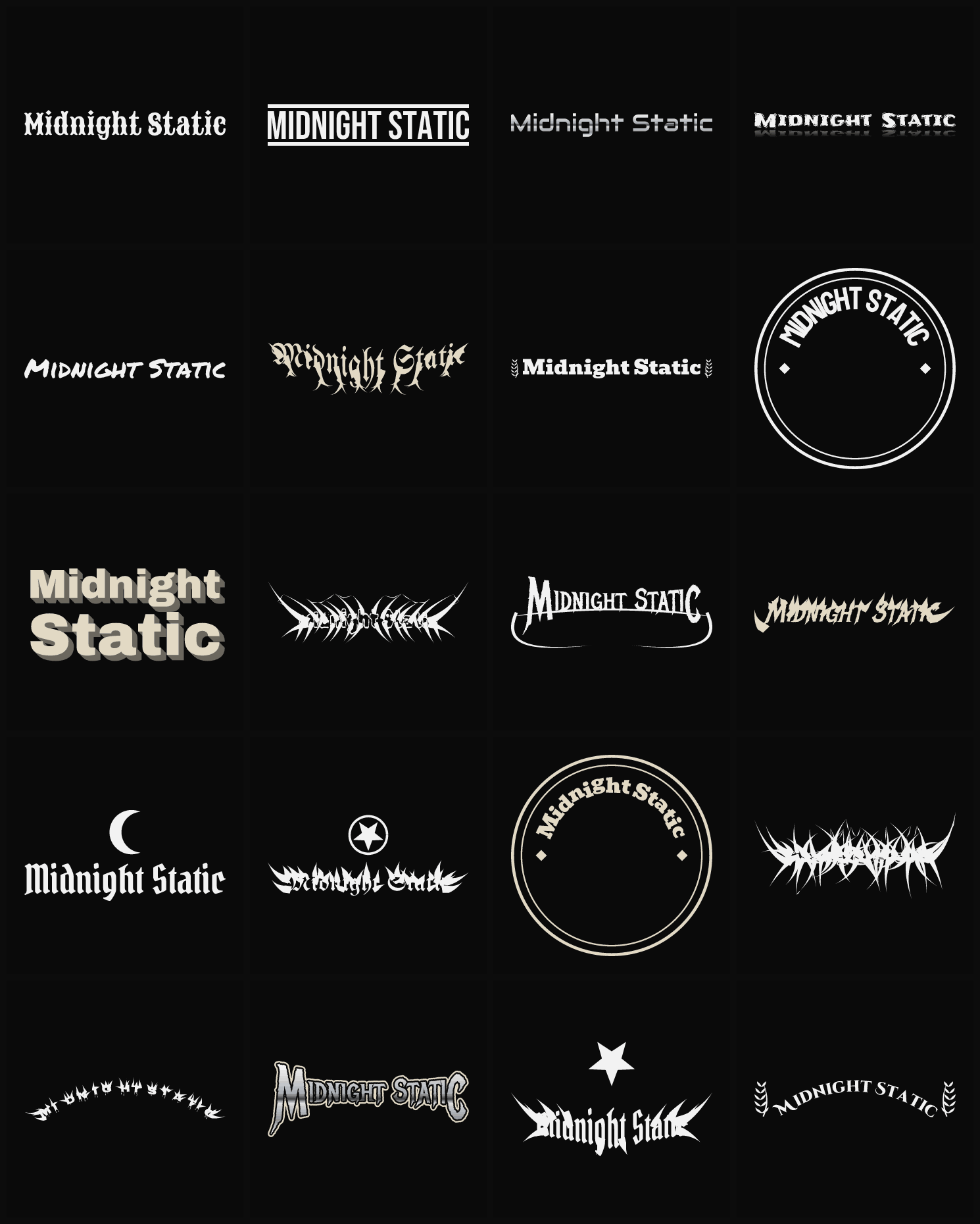 Twenty Midnight Static band logo ideas — different faces, treatments and spike settings