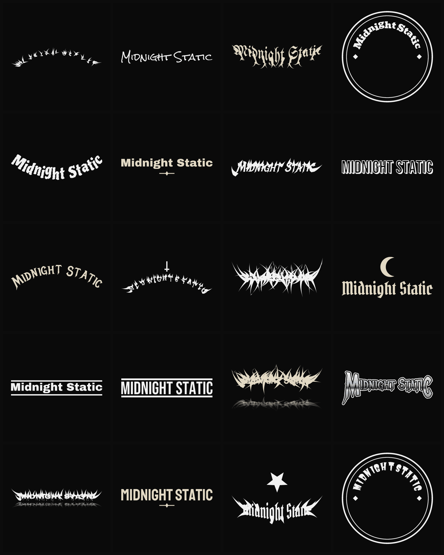 Twenty Midnight Static band logo ideas — different faces, treatments and spike settings