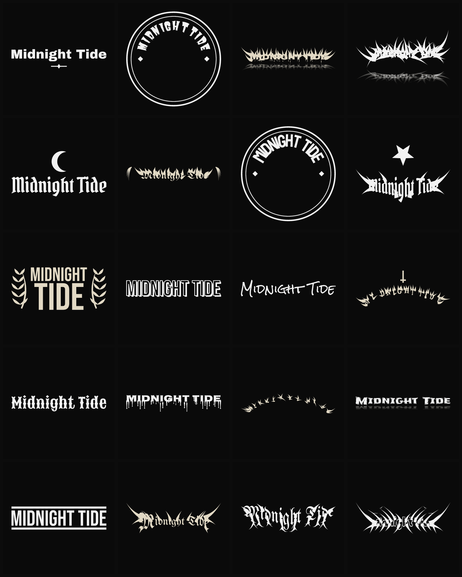 Twenty Midnight Tide band logo ideas — different faces, treatments and spike settings