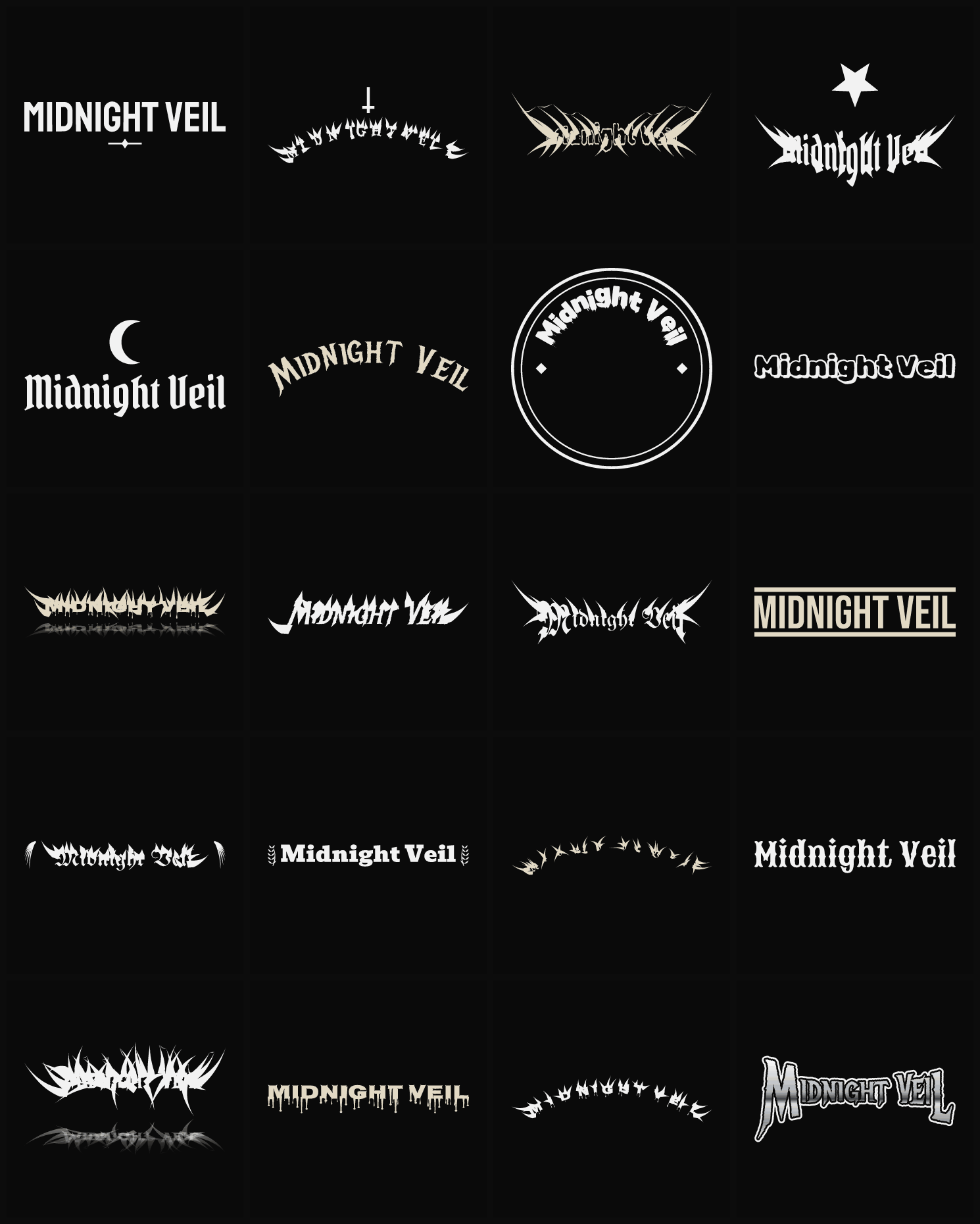 Twenty Midnight Veil band logo ideas — different faces, treatments and spike settings