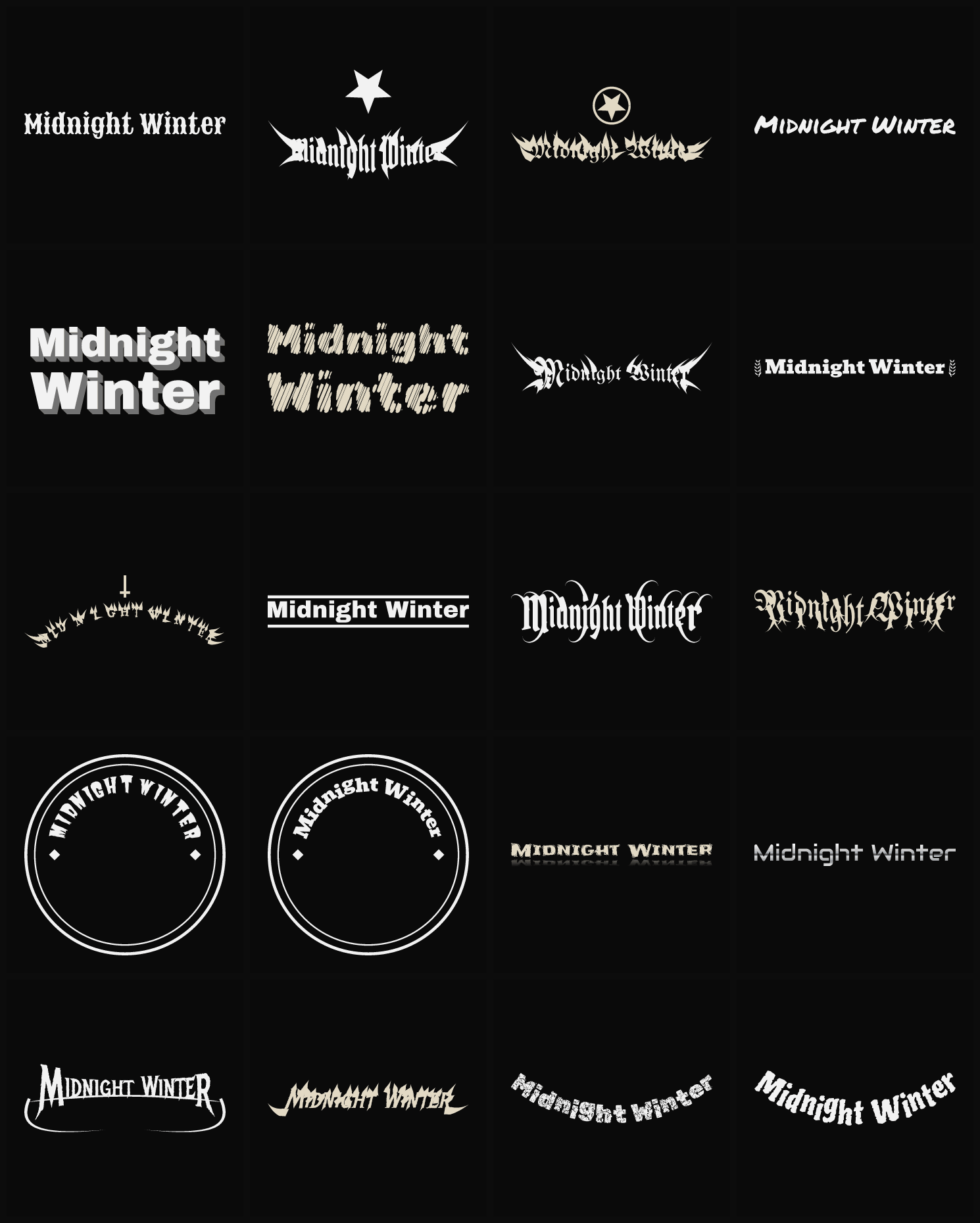 Twenty Midnight Winter band logo ideas — different faces, treatments and spike settings