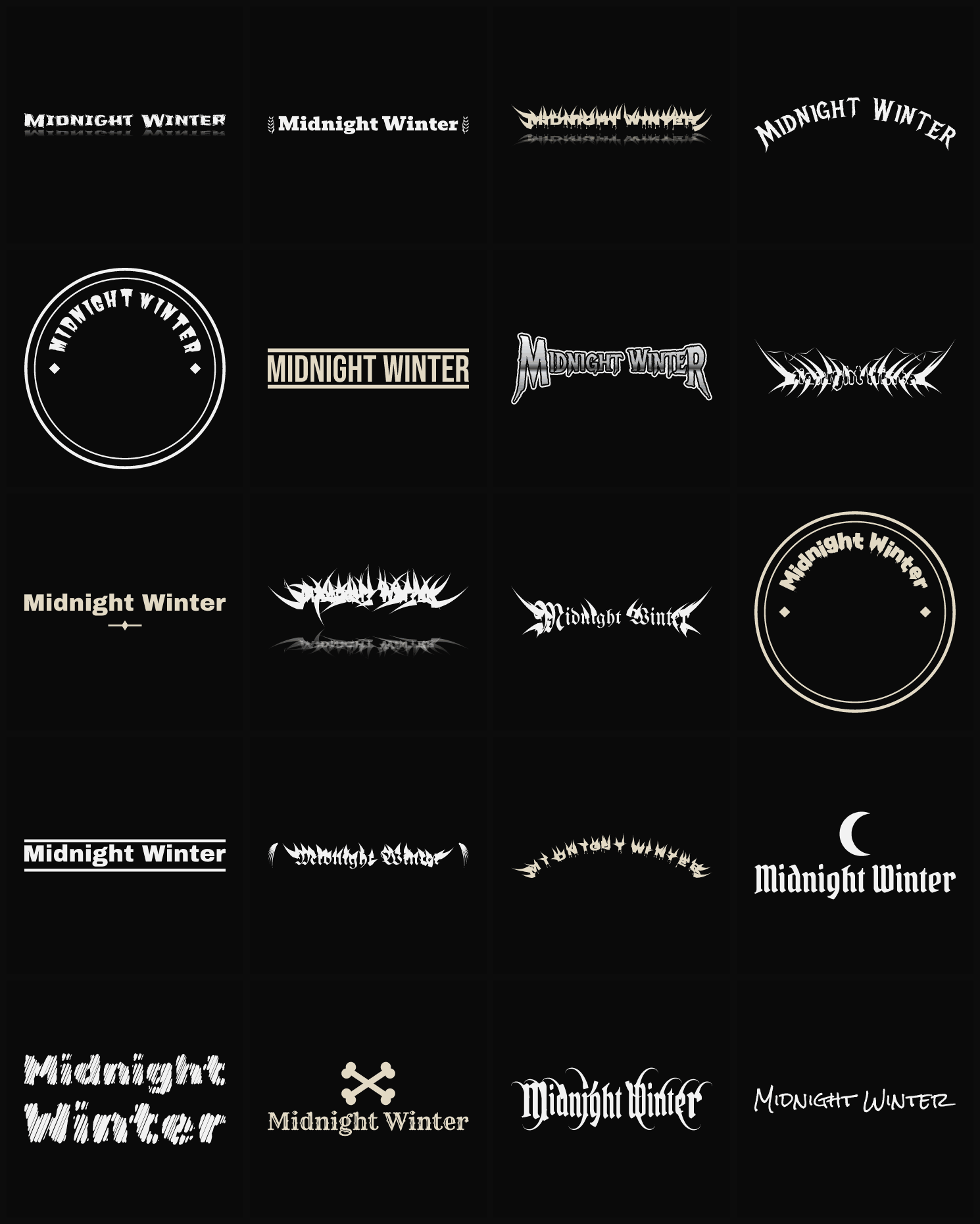 Twenty Midnight Winter band logo ideas — different faces, treatments and spike settings