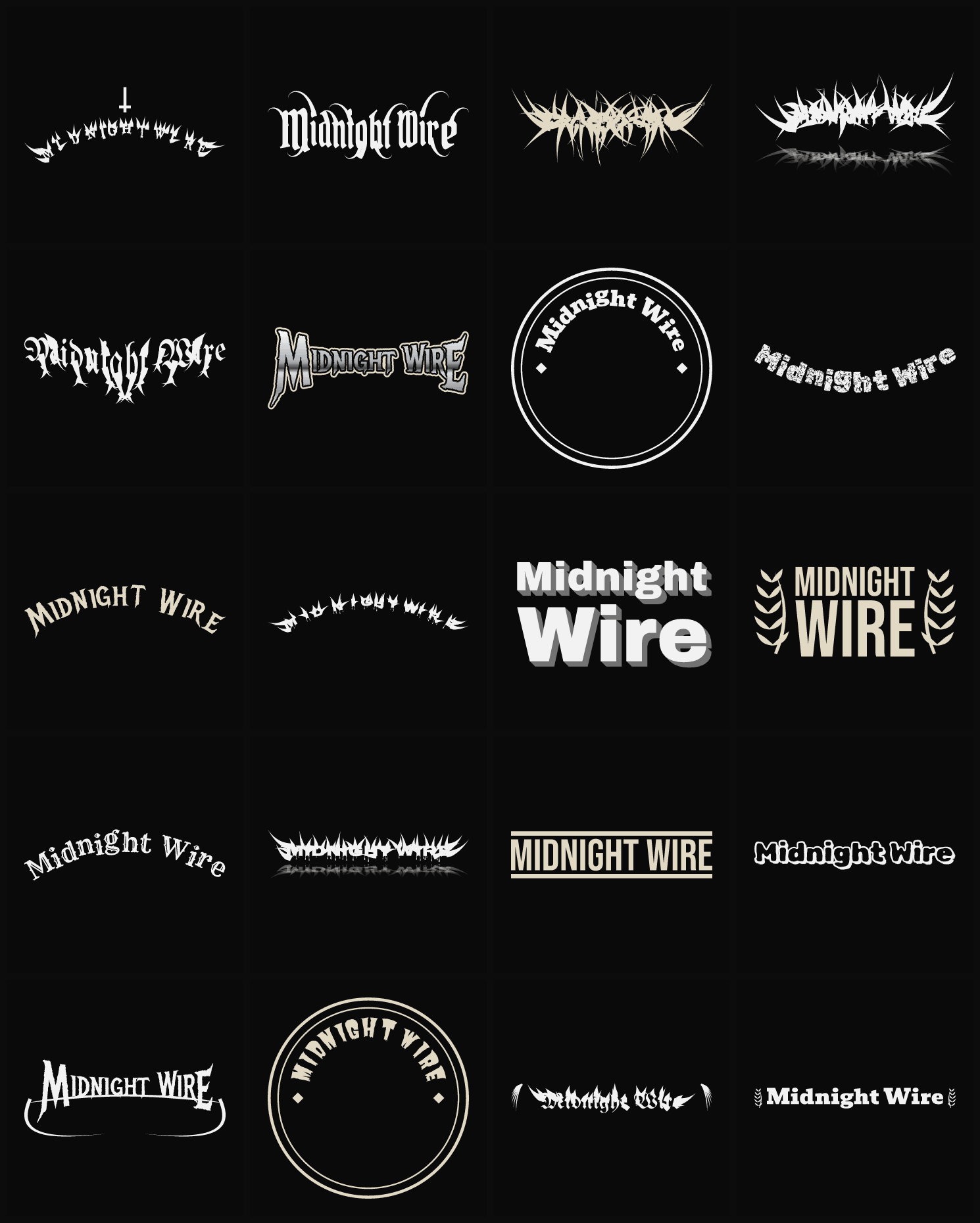 Twenty Midnight Wire band logo ideas — different faces, treatments and spike settings