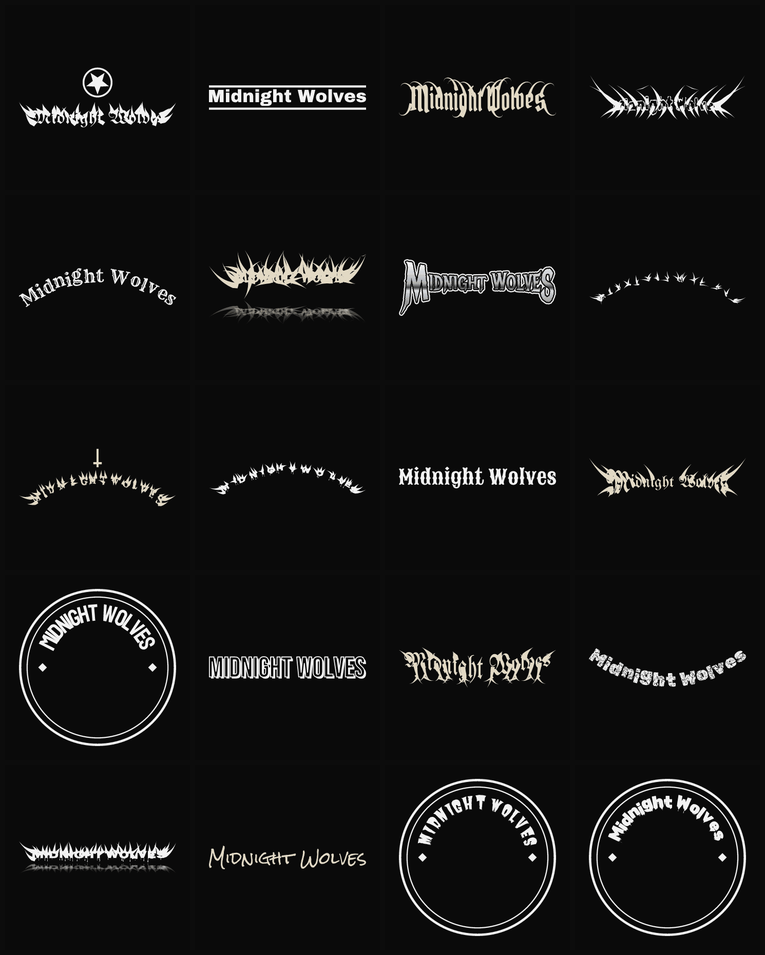 Twenty Midnight Wolves band logo ideas — different faces, treatments and spike settings