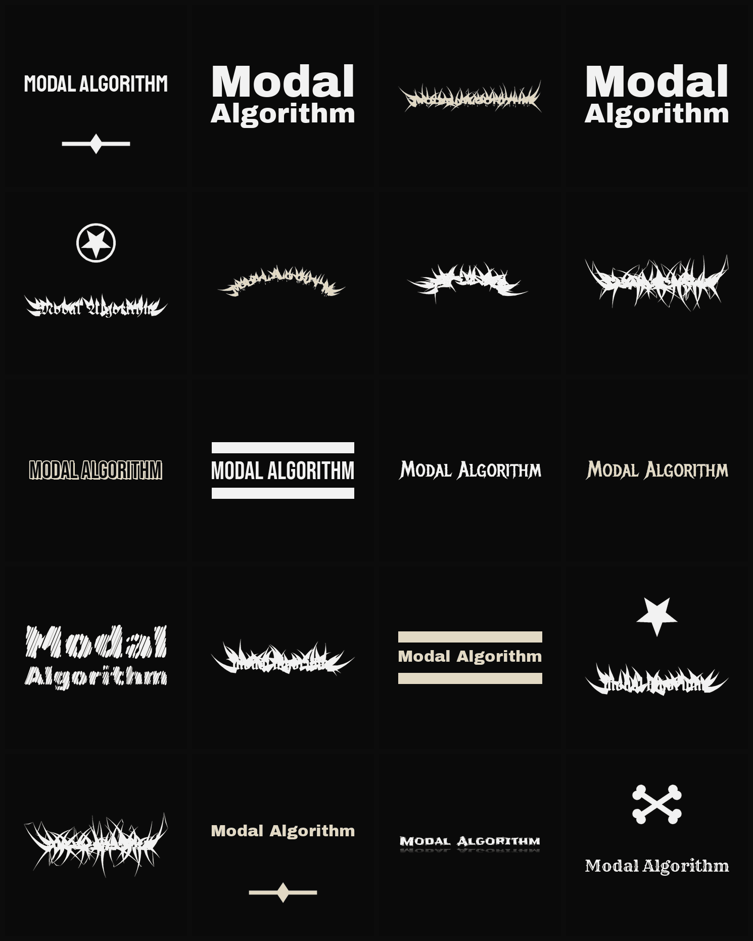 Twenty Modal Algorithm band logo ideas — different faces, treatments and spike settings