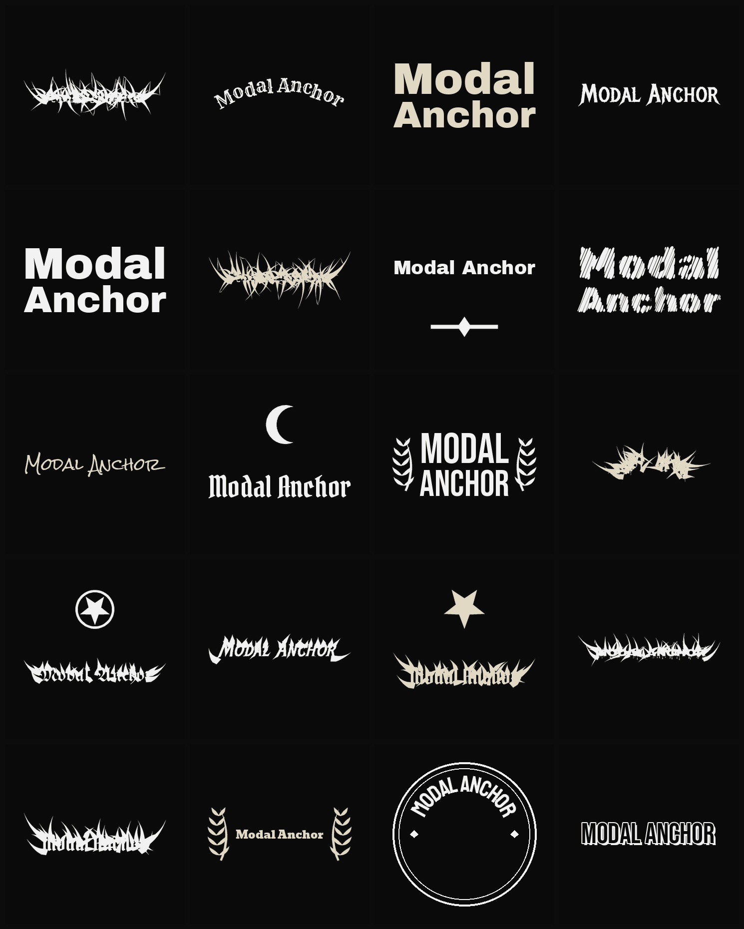 Twenty Modal Anchor band logo ideas — different faces, treatments and spike settings