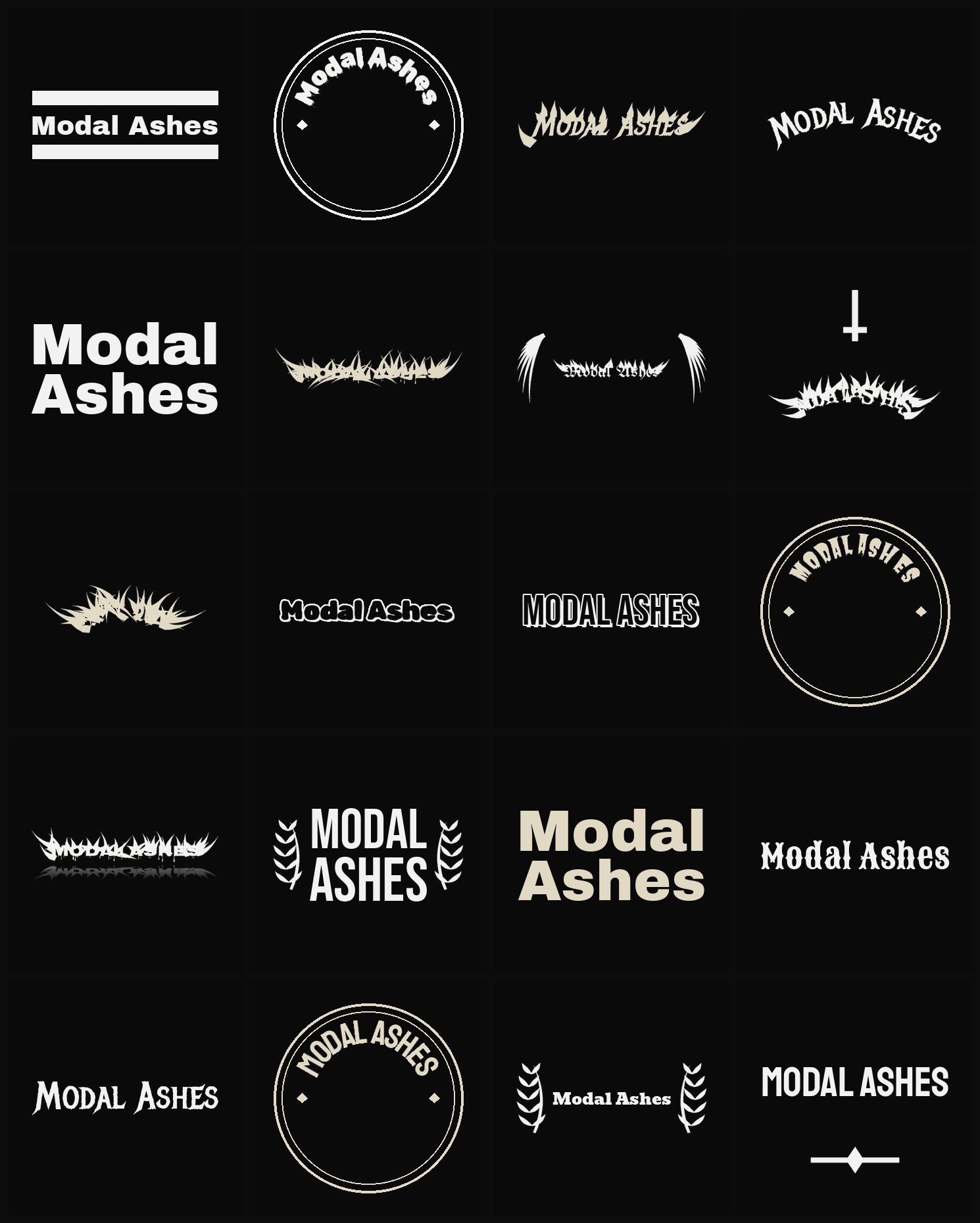 Twenty Modal Ashes band logo ideas — different faces, treatments and spike settings