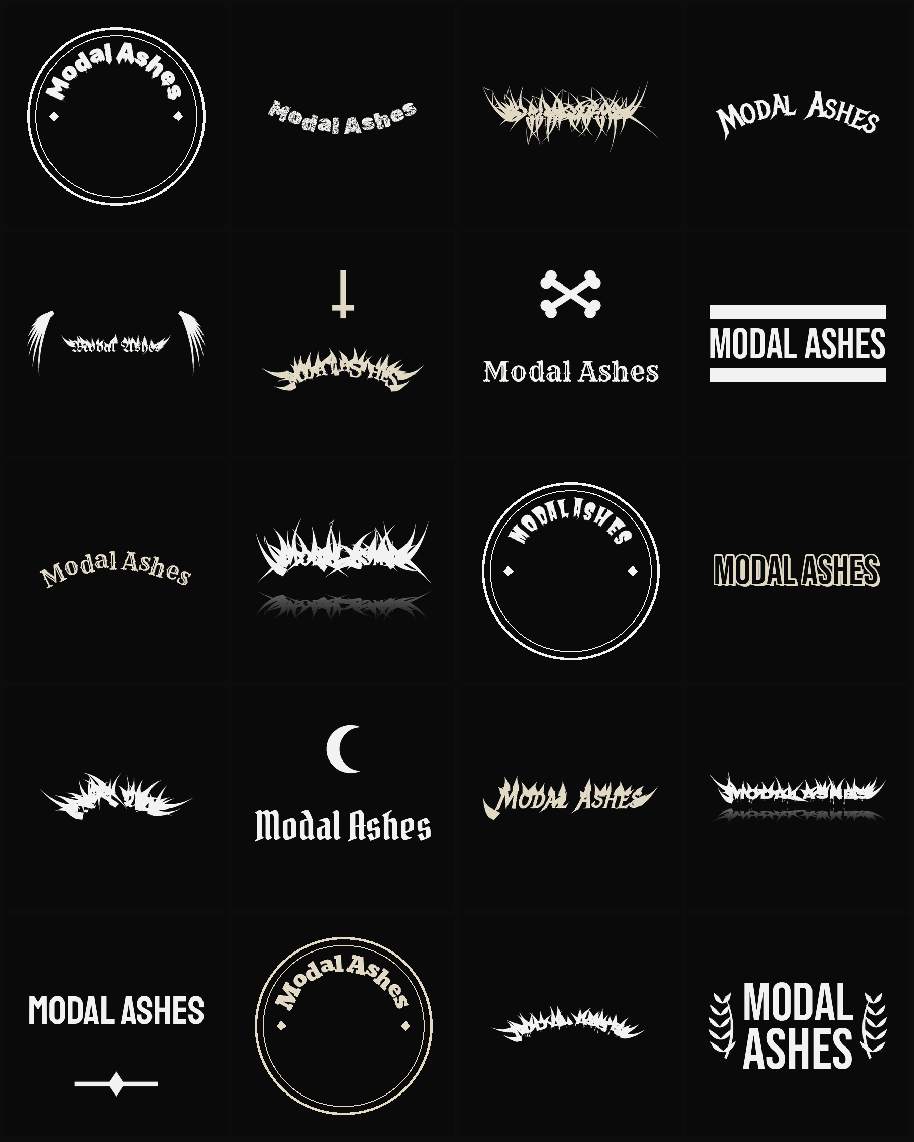 Twenty Modal Ashes band logo ideas — different faces, treatments and spike settings