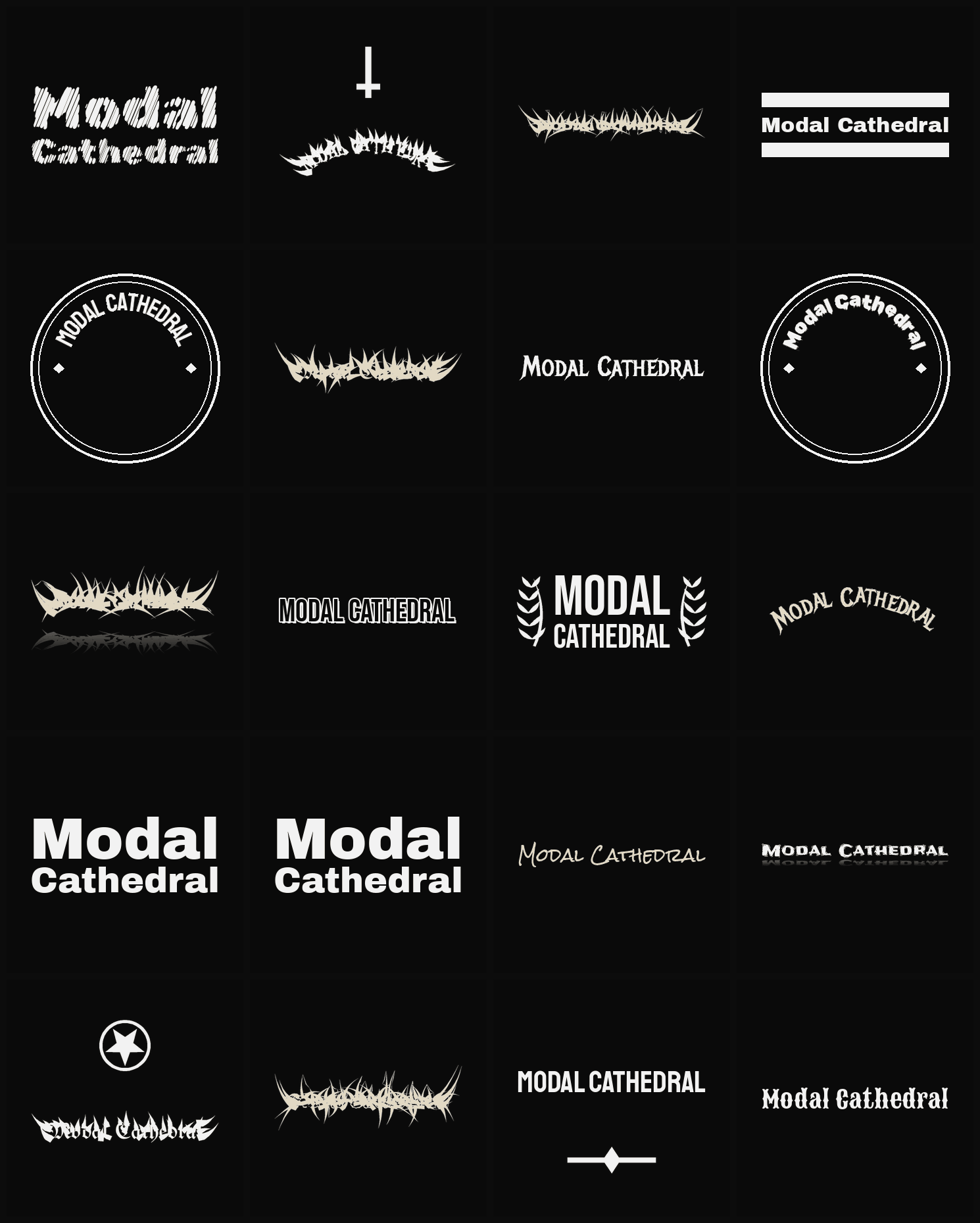 Twenty Modal Cathedral band logo ideas — different faces, treatments and spike settings