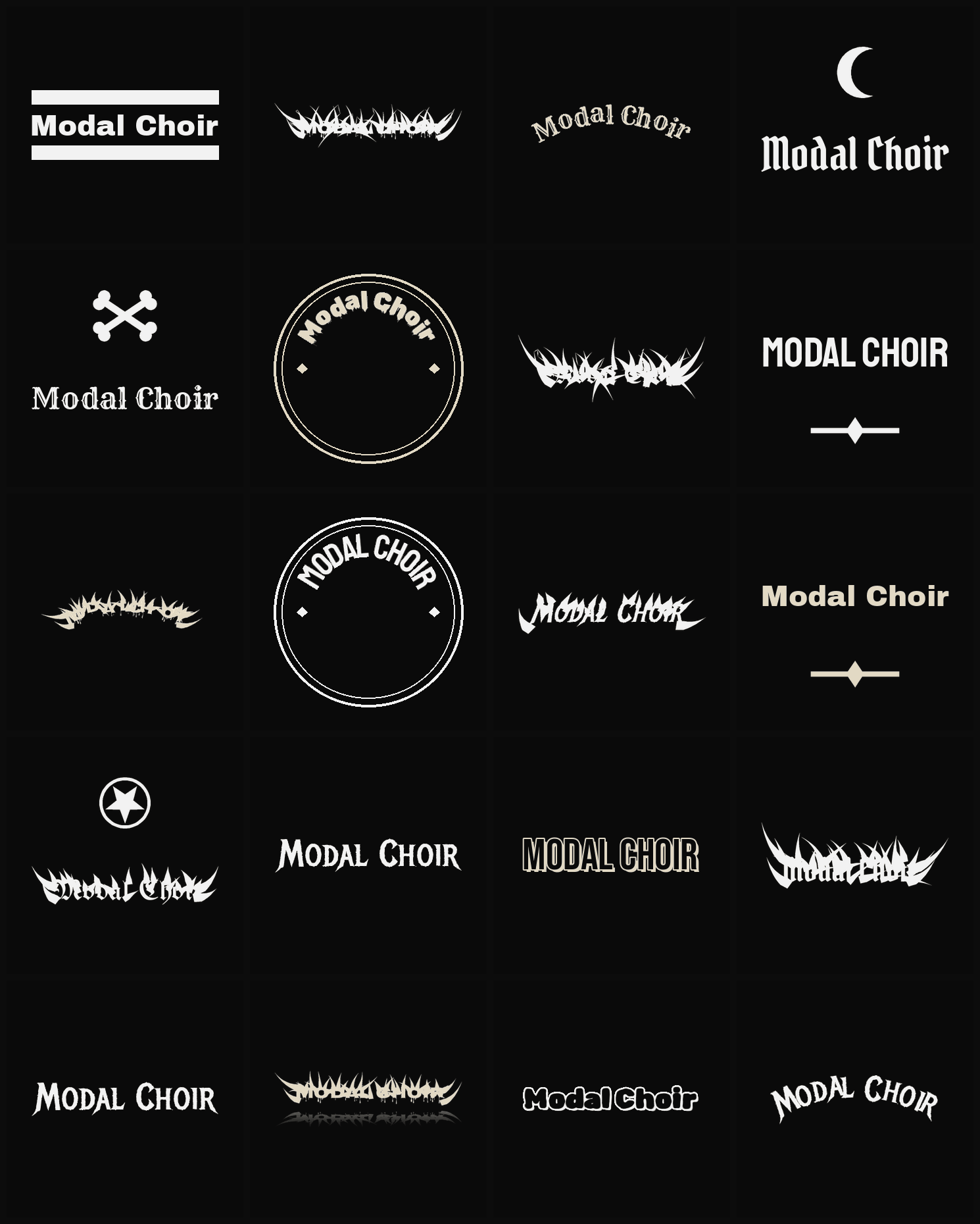 Twenty Modal Choir band logo ideas — different faces, treatments and spike settings
