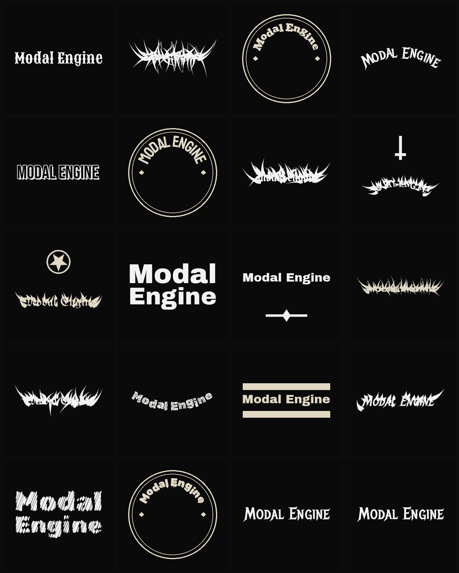 Twenty Modal Engine band logo ideas — different faces, treatments and spike settings