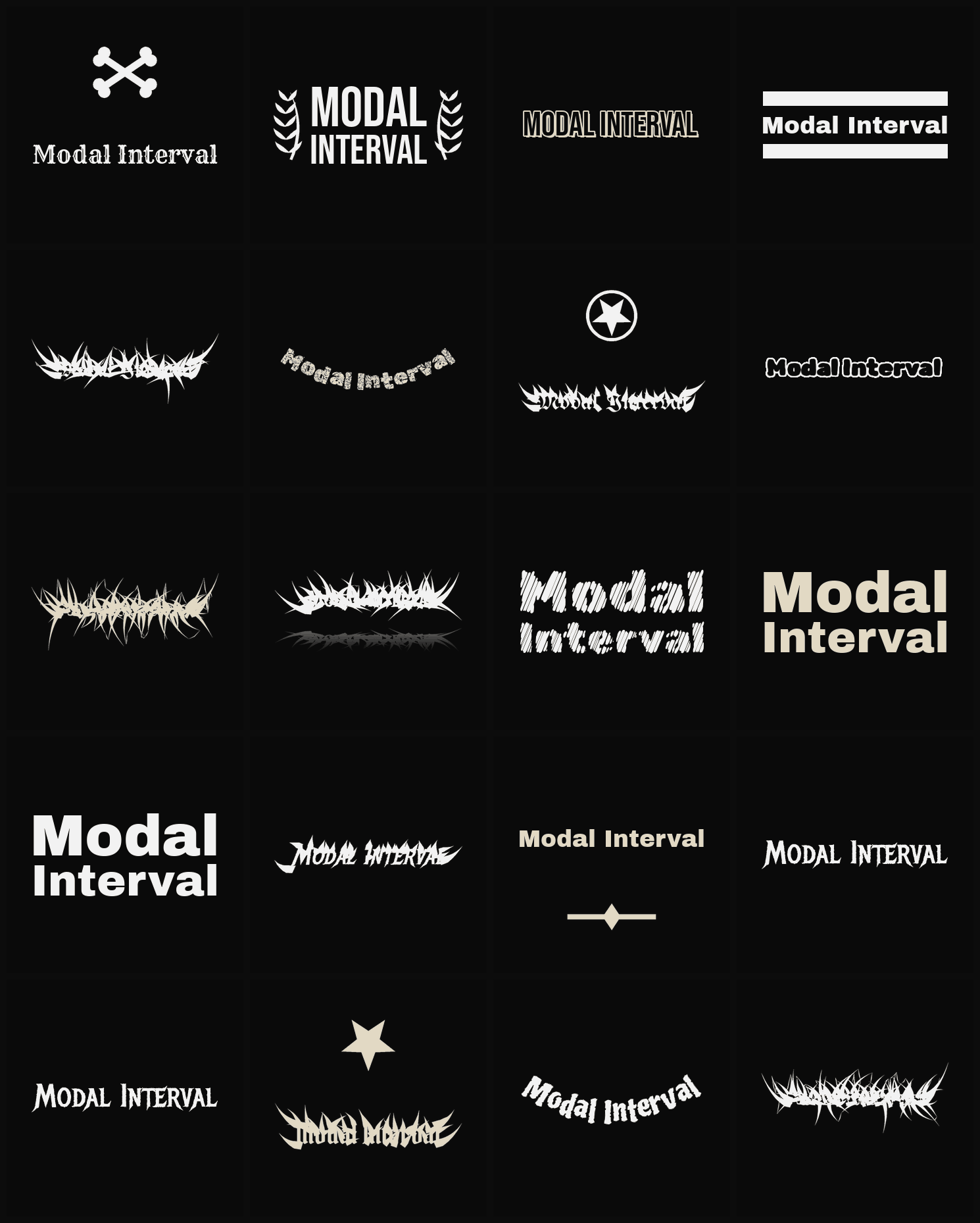 Twenty Modal Interval band logo ideas — different faces, treatments and spike settings