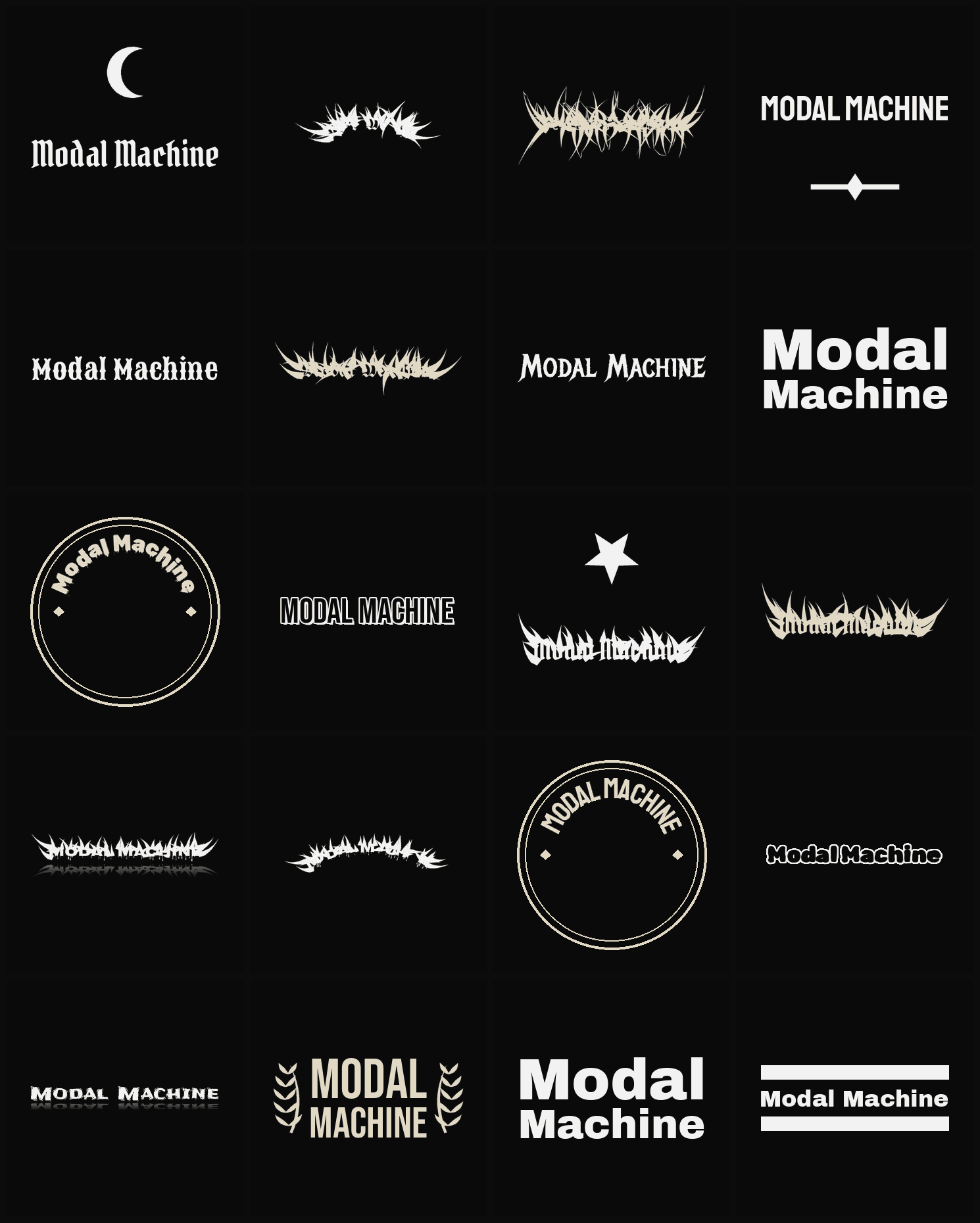 Twenty Modal Machine band logo ideas — different faces, treatments and spike settings