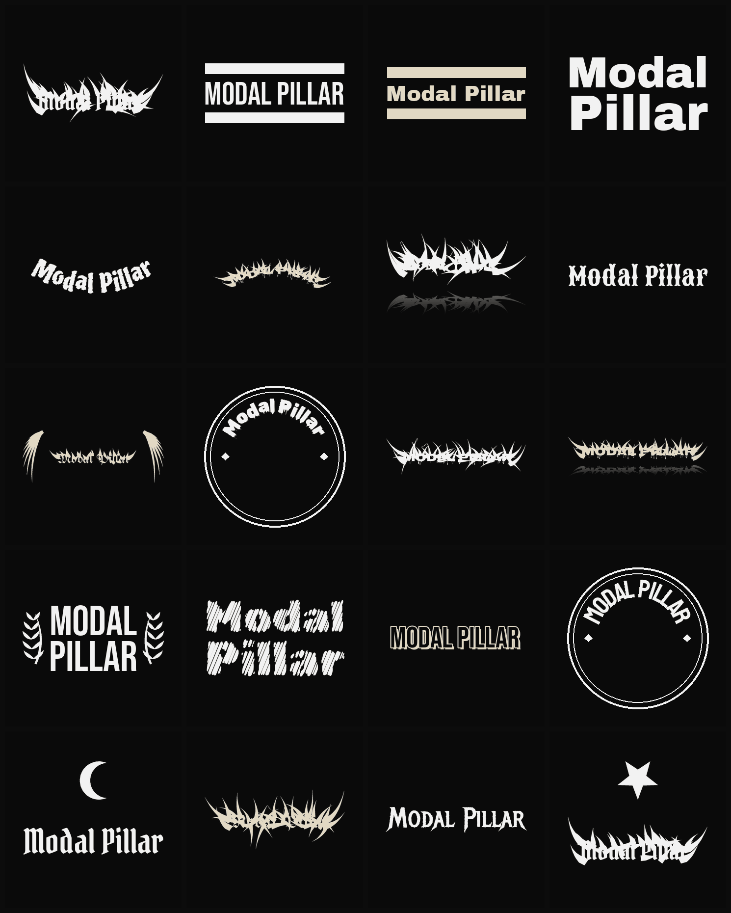 Twenty Modal Pillar band logo ideas — different faces, treatments and spike settings