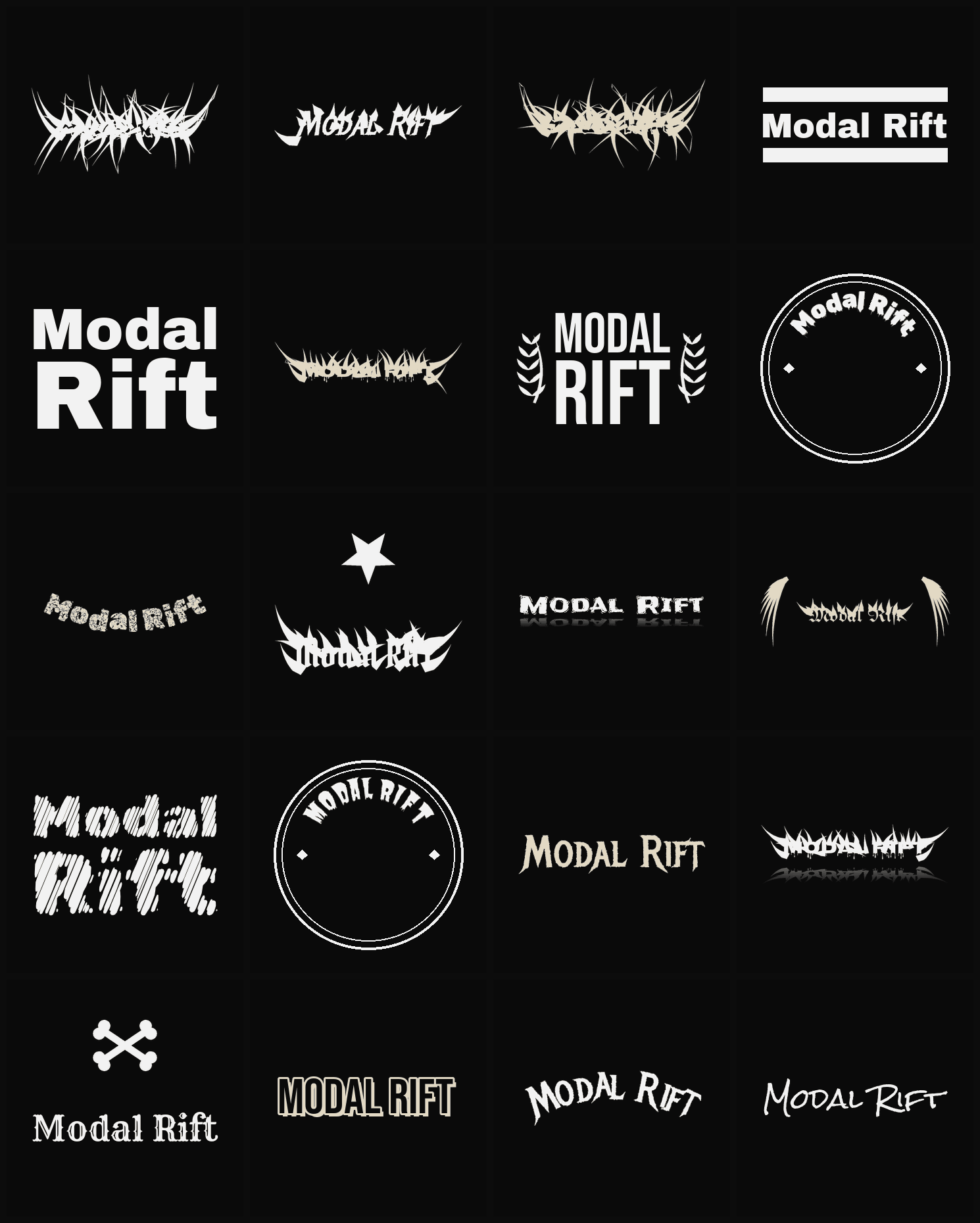 Twenty Modal Rift band logo ideas — different faces, treatments and spike settings