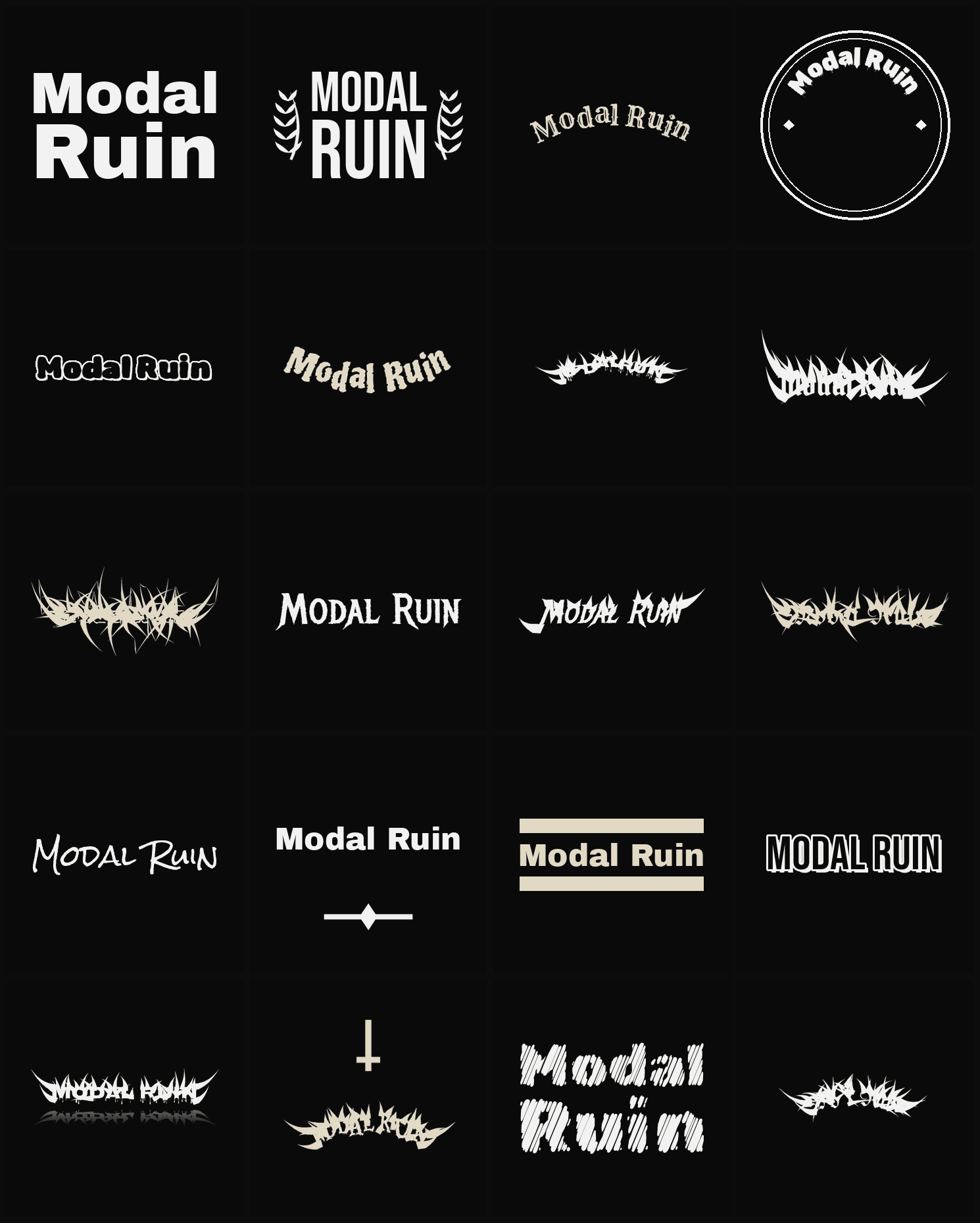 Twenty Modal Ruin band logo ideas — different faces, treatments and spike settings