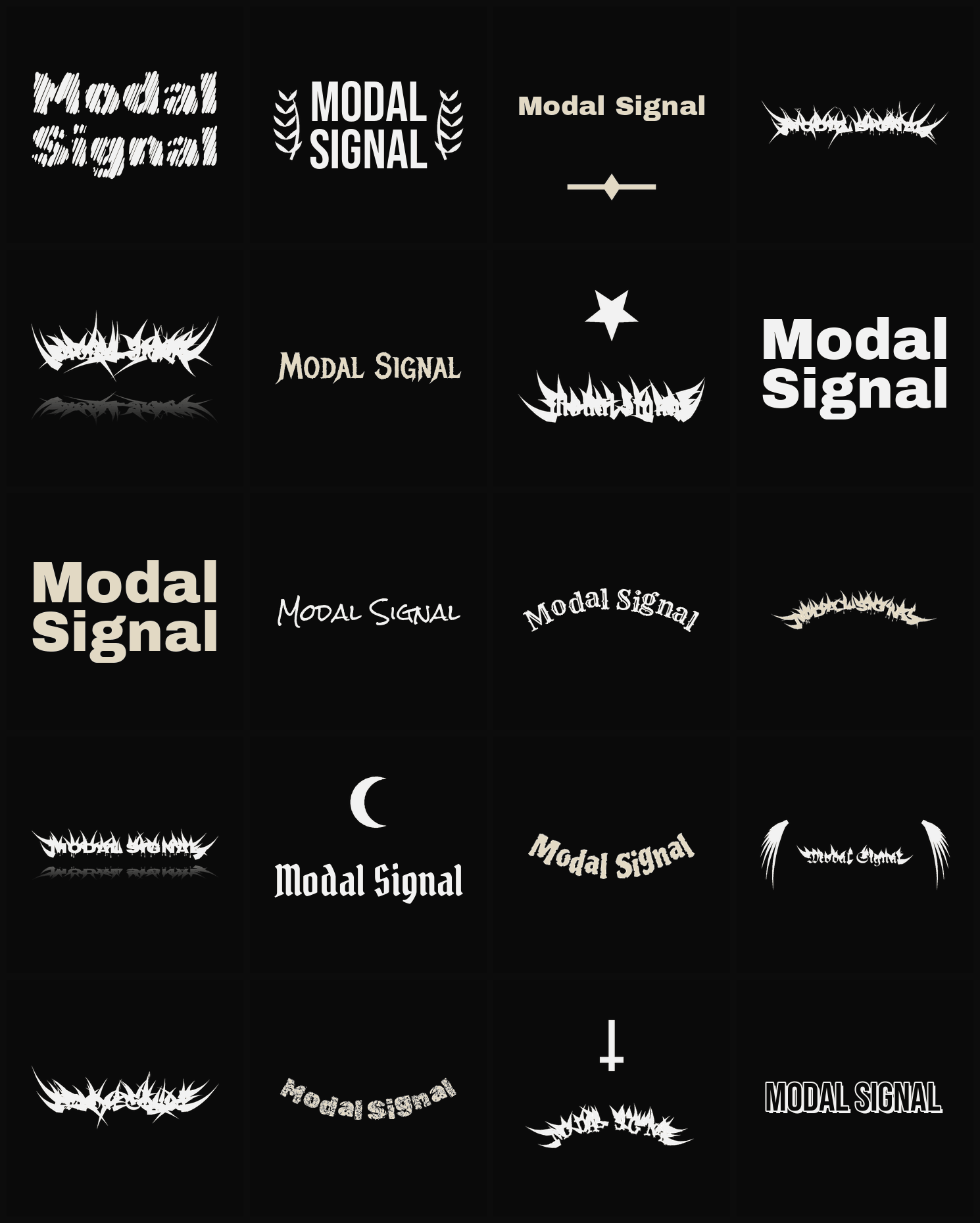 Twenty Modal Signal band logo ideas — different faces, treatments and spike settings