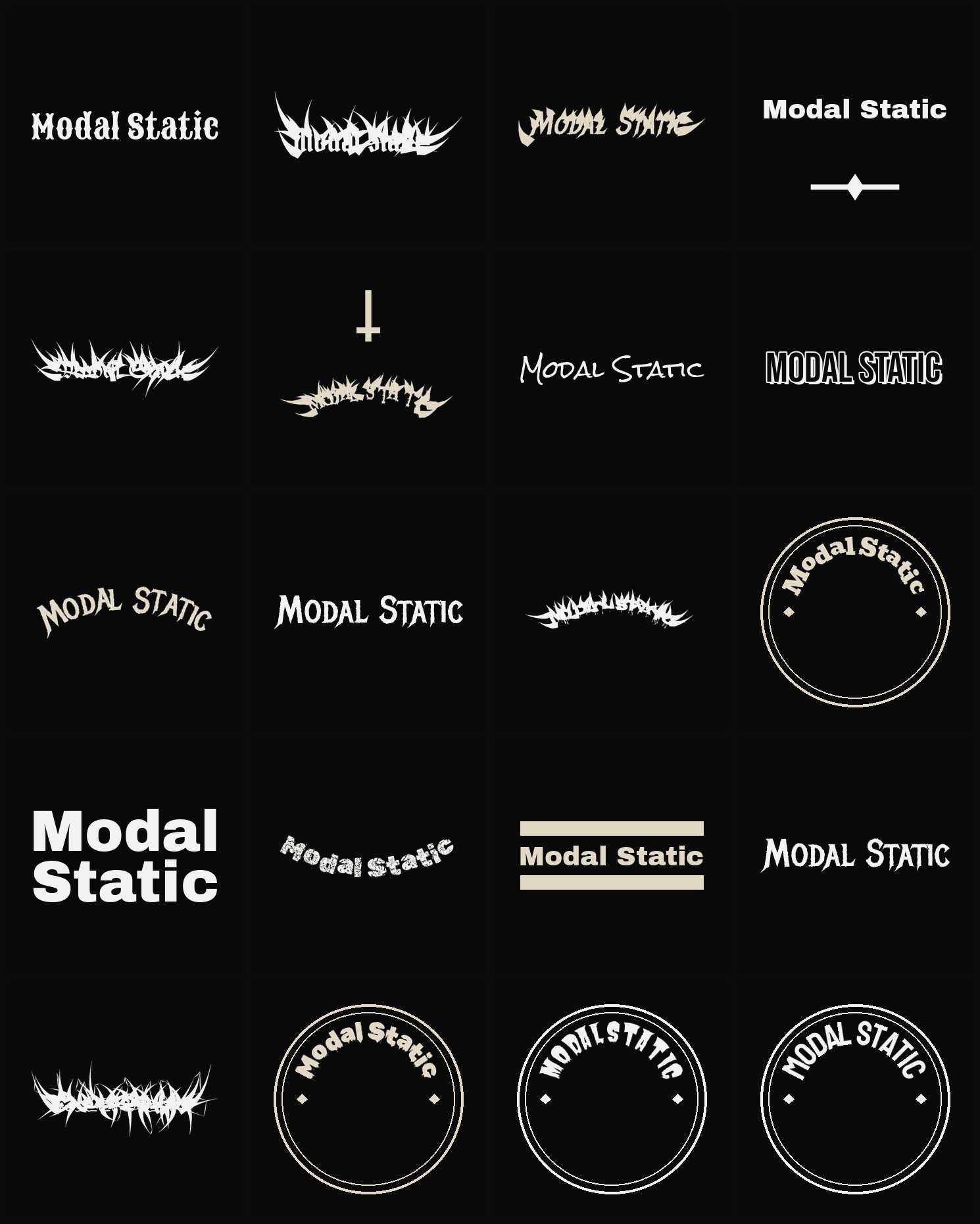 Twenty Modal Static band logo ideas — different faces, treatments and spike settings