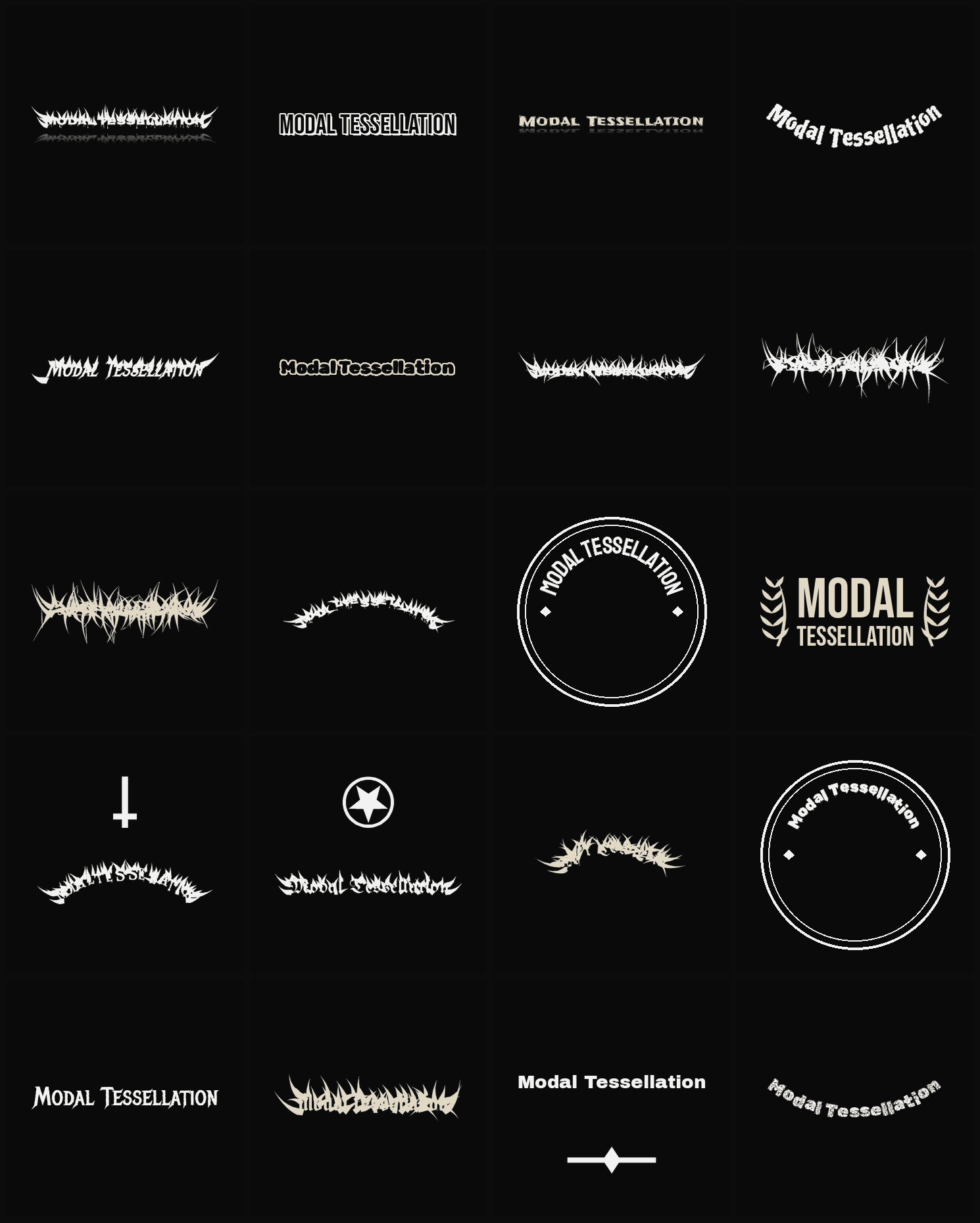 Twenty Modal Tessellation band logo ideas — different faces, treatments and spike settings
