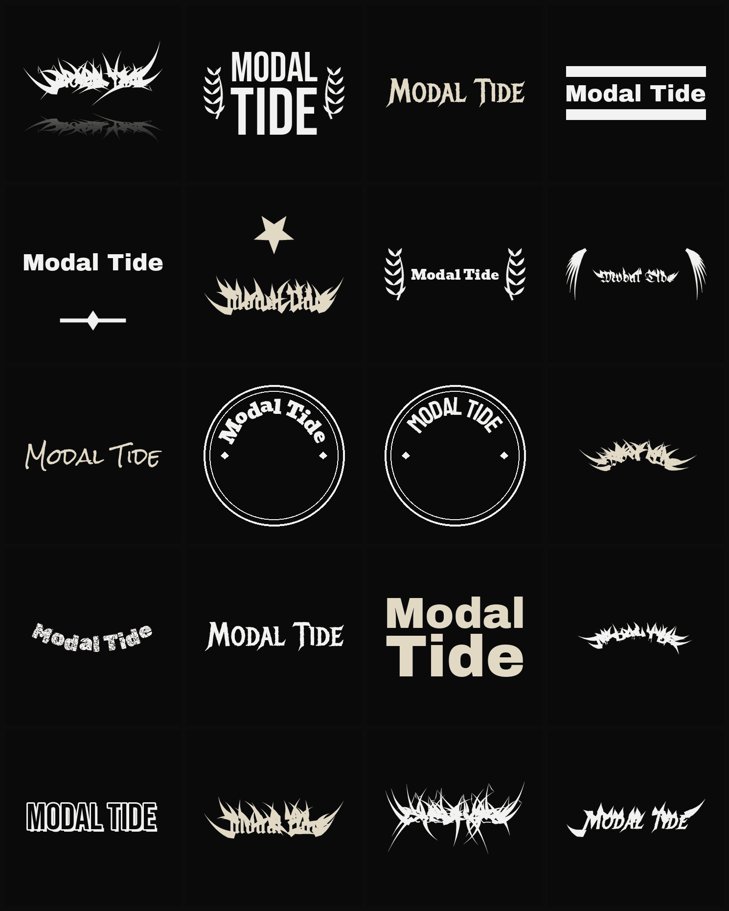 Twenty Modal Tide band logo ideas — different faces, treatments and spike settings