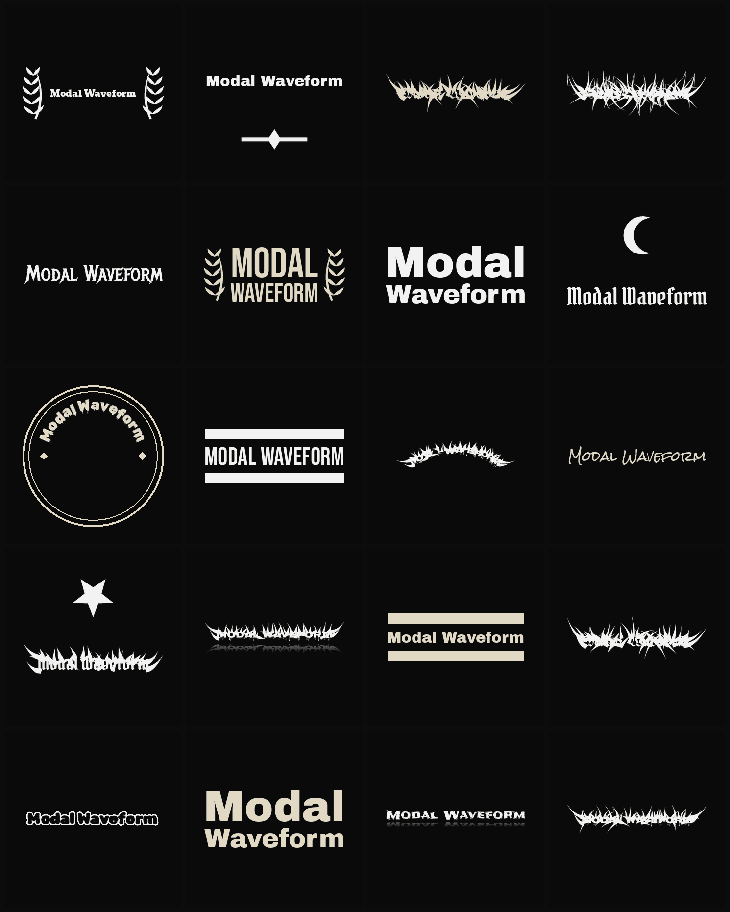 Twenty Modal Waveform band logo ideas — different faces, treatments and spike settings