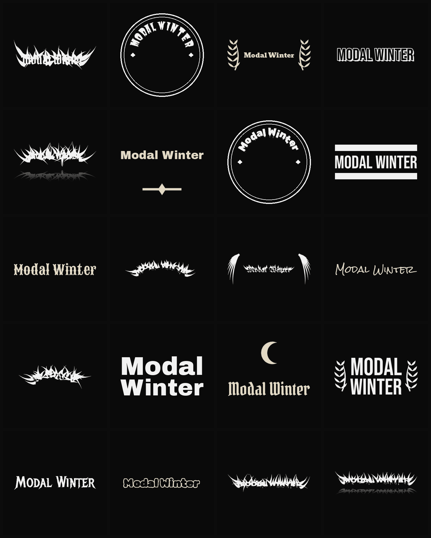 Twenty Modal Winter band logo ideas — different faces, treatments and spike settings