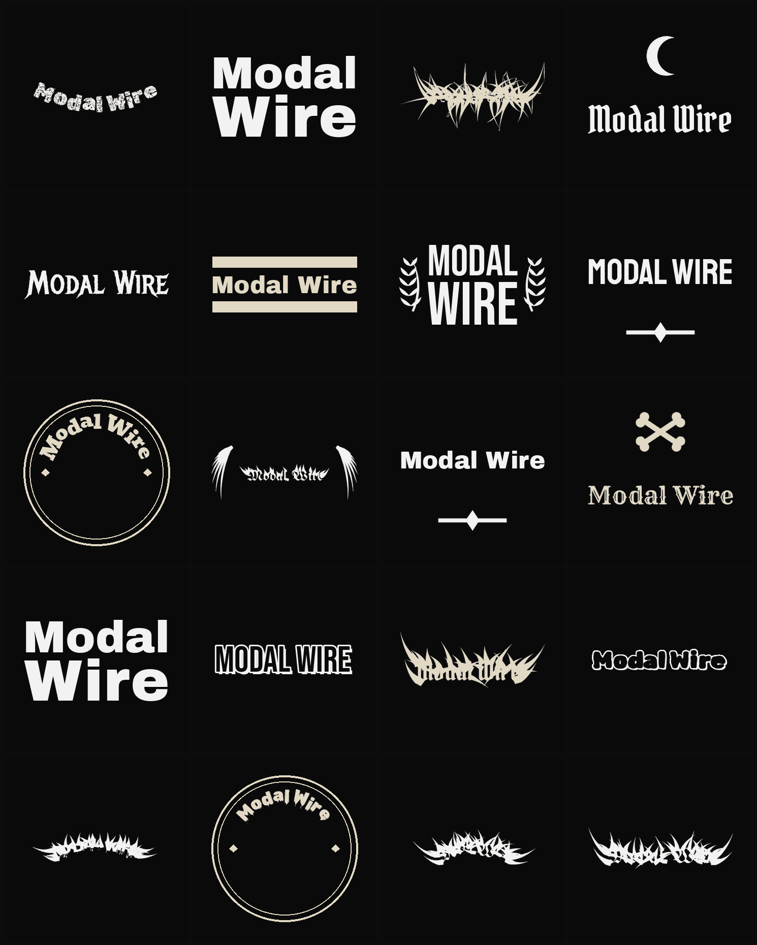Twenty Modal Wire band logo ideas — different faces, treatments and spike settings