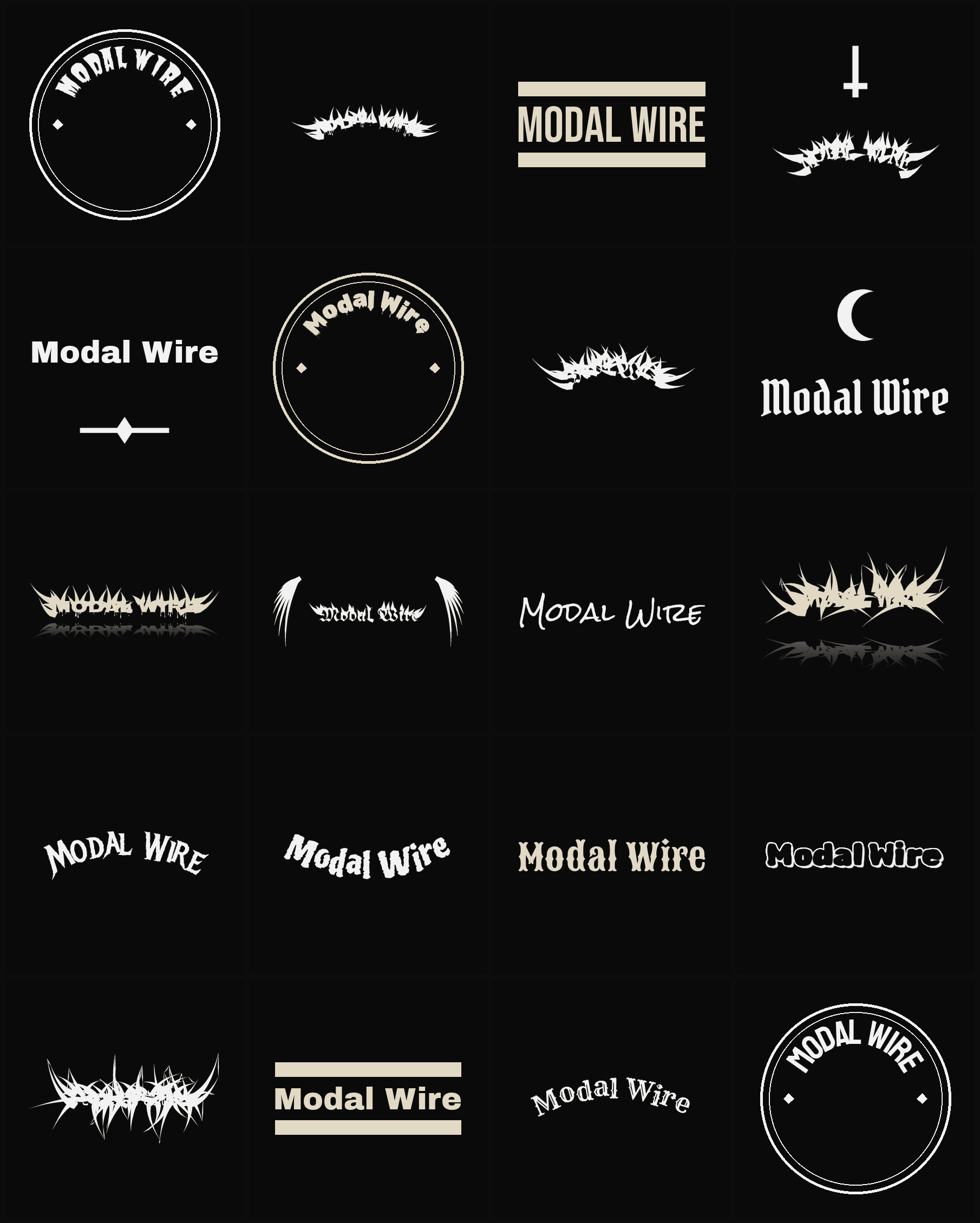 Twenty Modal Wire band logo ideas — different faces, treatments and spike settings