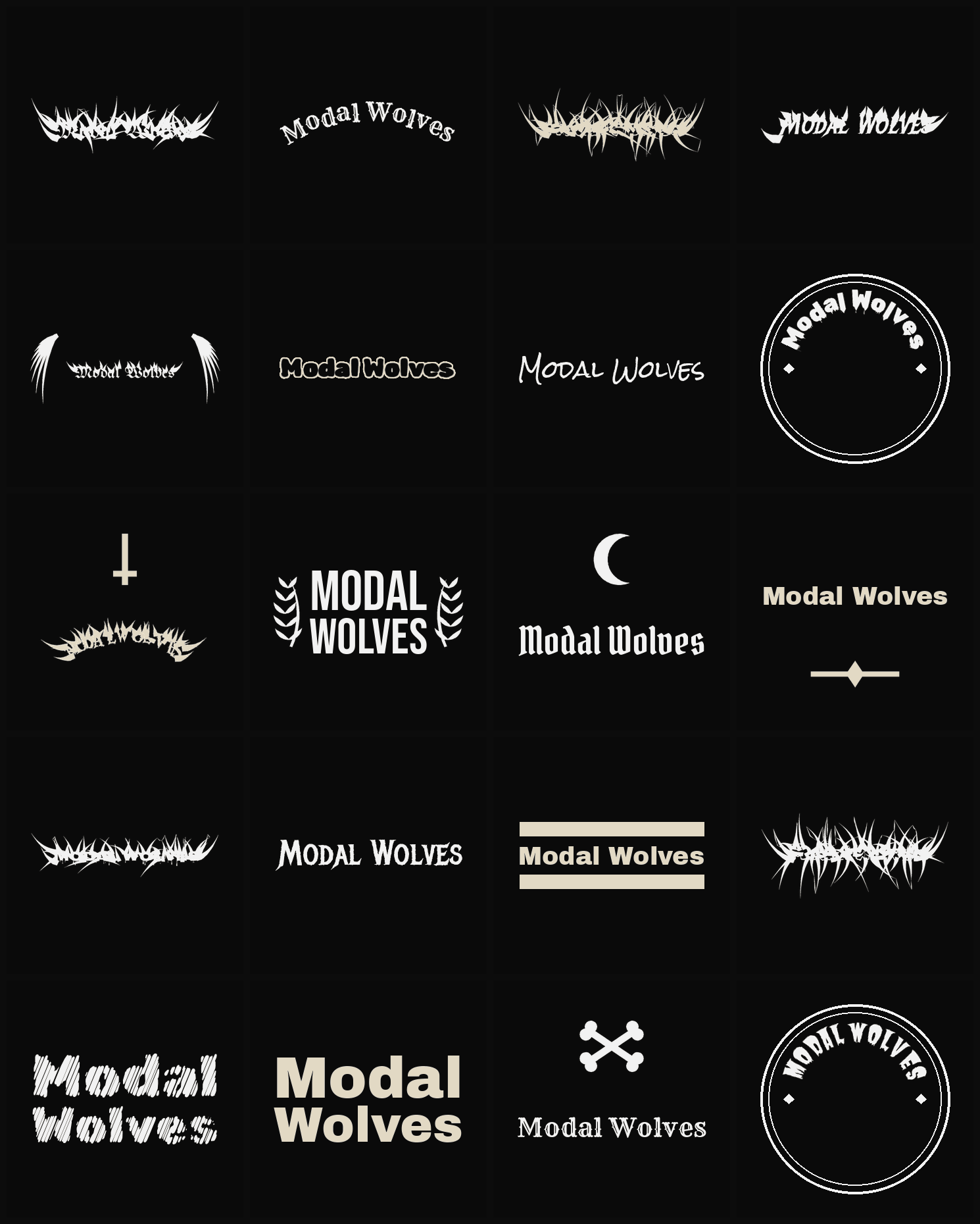 Twenty Modal Wolves band logo ideas — different faces, treatments and spike settings