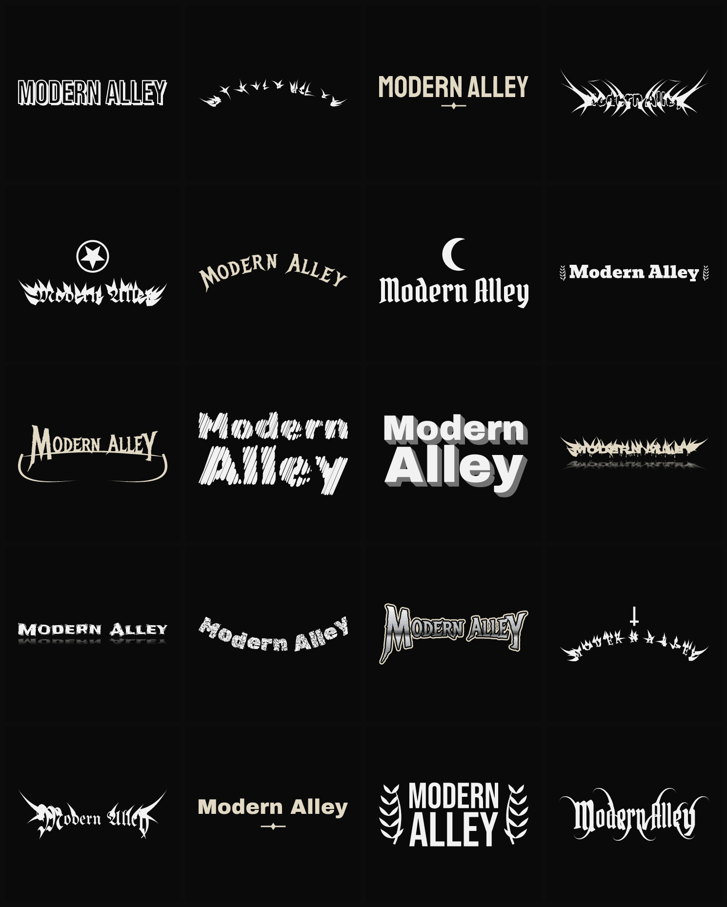 Twenty Modern Alley band logo ideas — different faces, treatments and spike settings