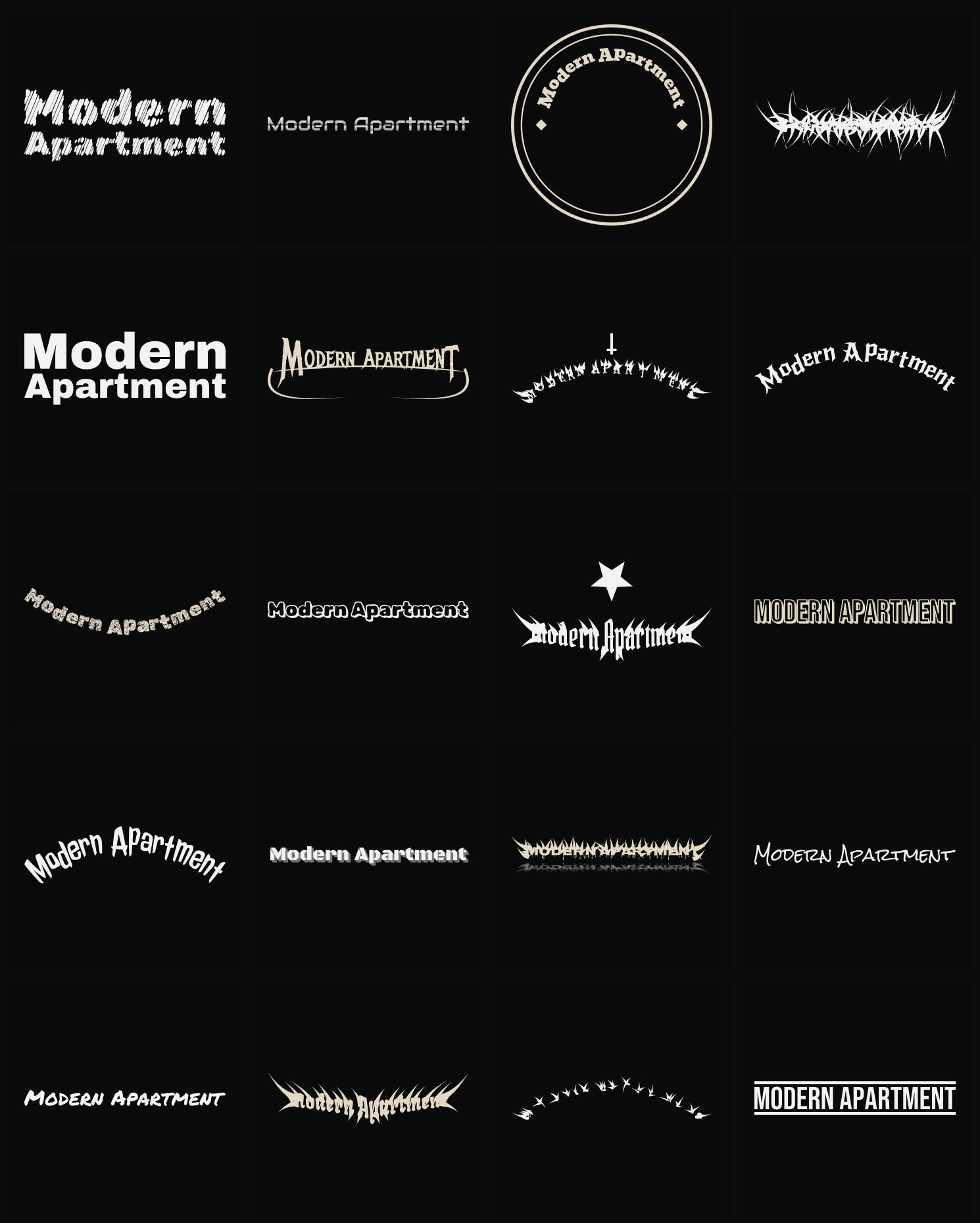 Twenty Modern Apartment band logo ideas — different faces, treatments and spike settings