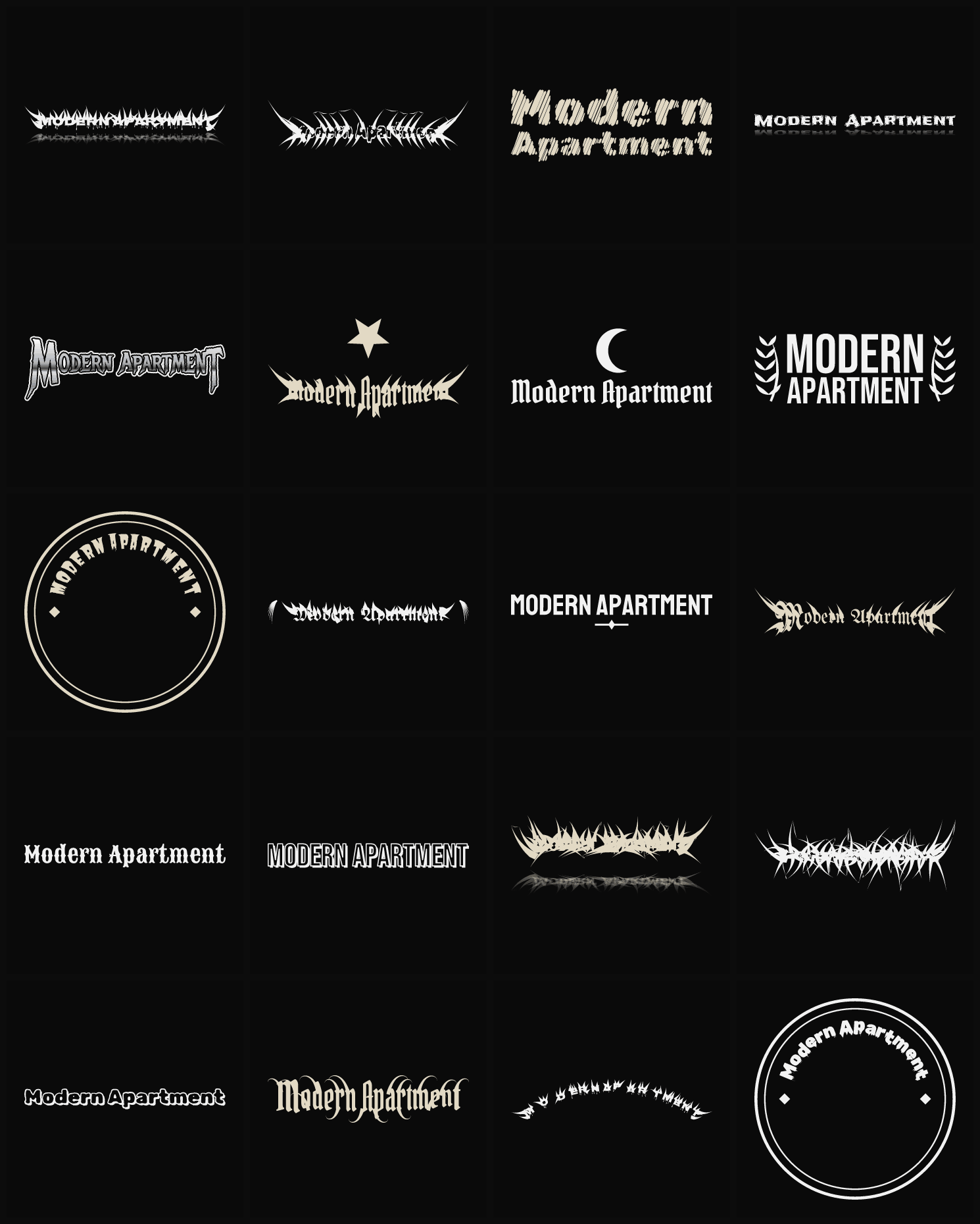 Twenty Modern Apartment band logo ideas — different faces, treatments and spike settings