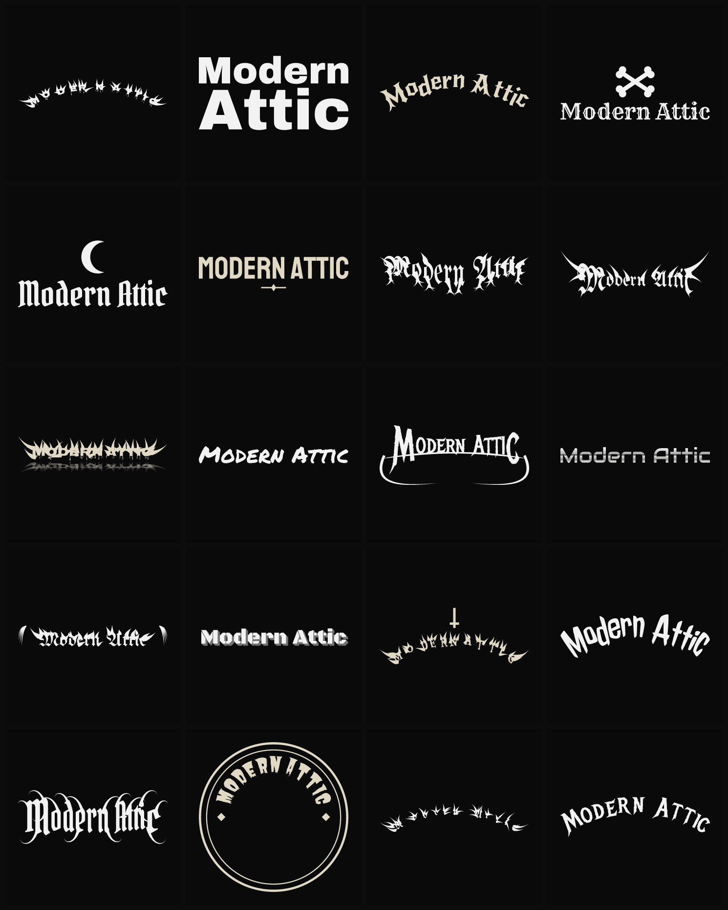 Twenty Modern Attic band logo ideas — different faces, treatments and spike settings