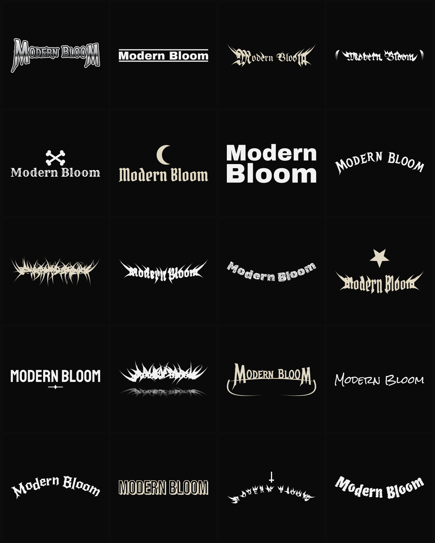 Twenty Modern Bloom band logo ideas — different faces, treatments and spike settings