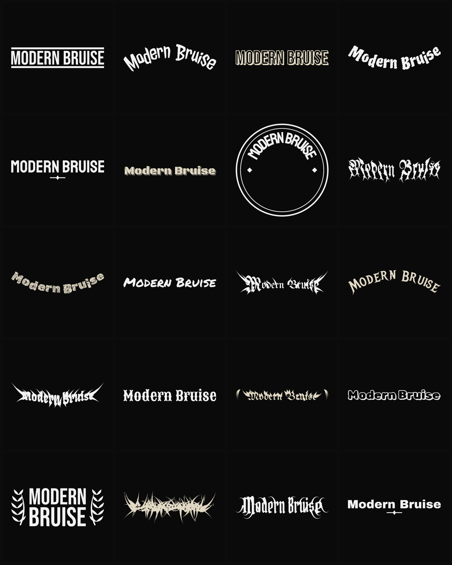 Twenty Modern Bruise band logo ideas — different faces, treatments and spike settings