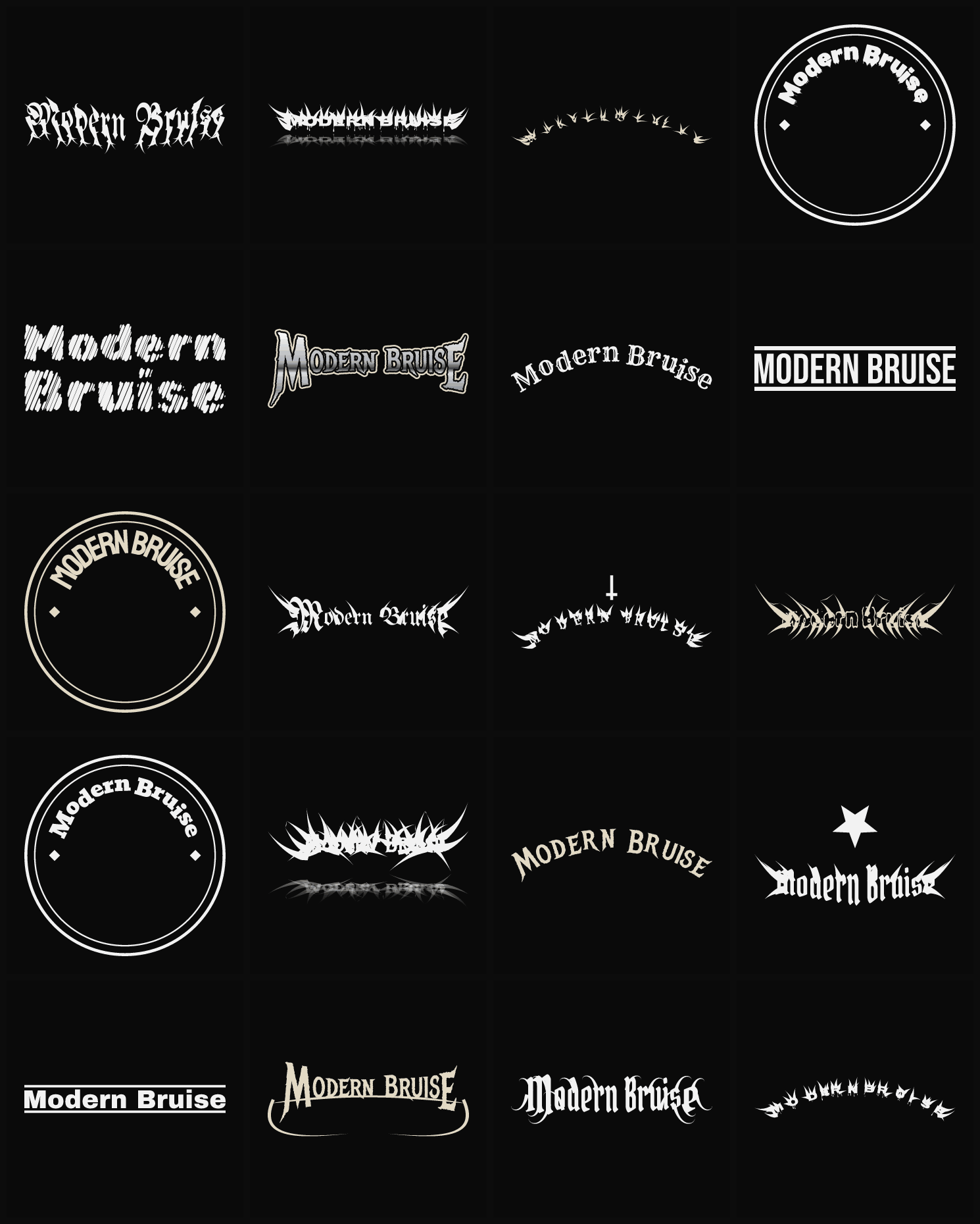Twenty Modern Bruise band logo ideas — different faces, treatments and spike settings