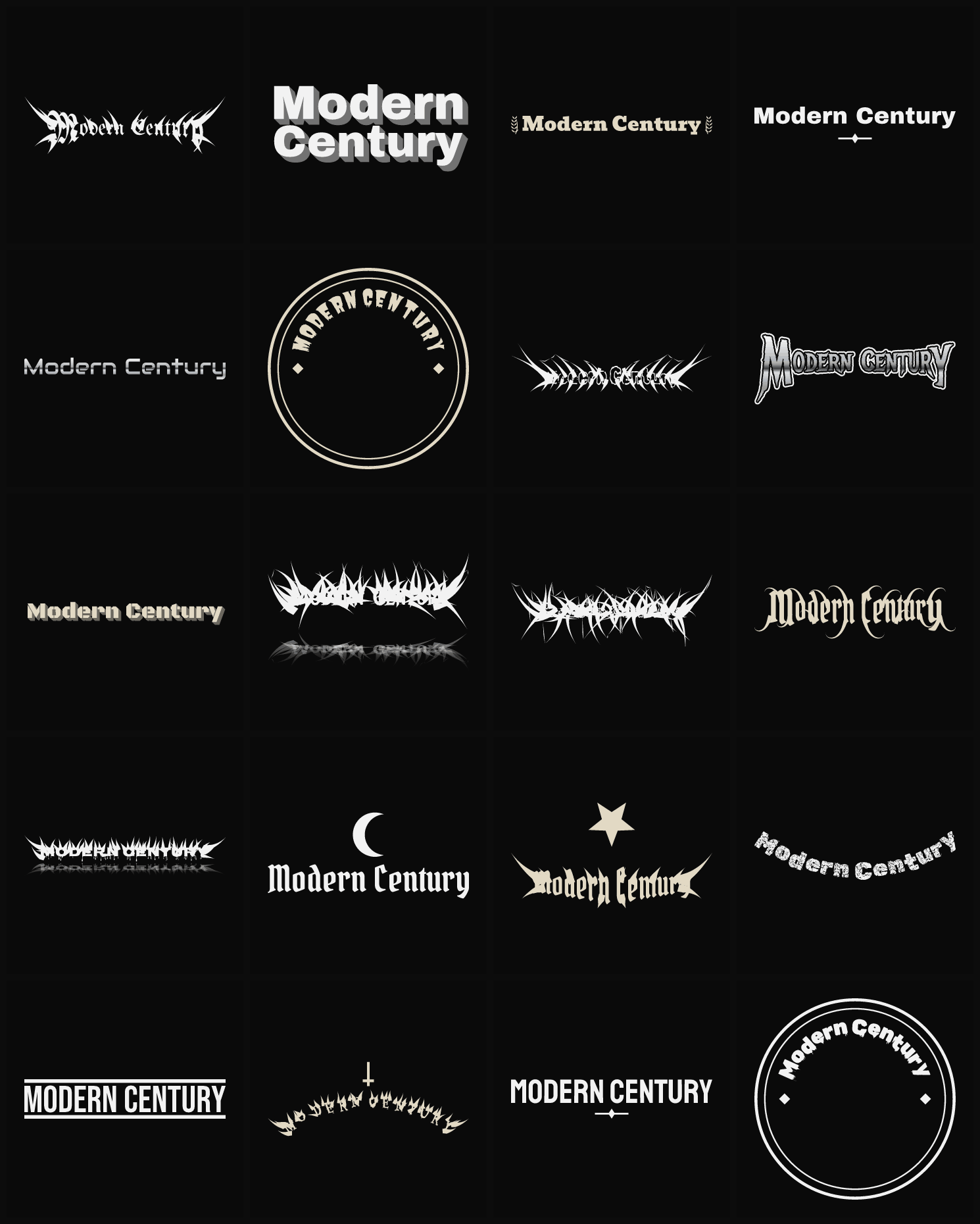 Twenty Modern Century band logo ideas — different faces, treatments and spike settings