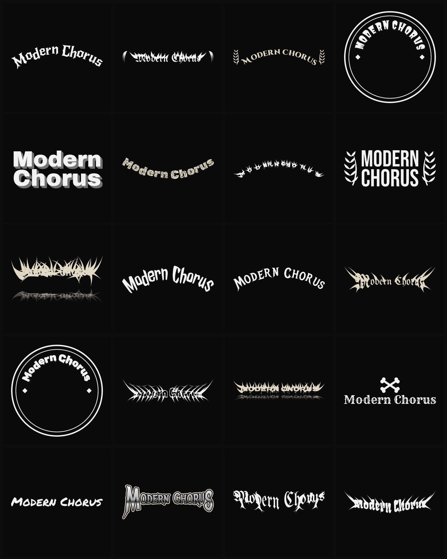 Twenty Modern Chorus band logo ideas — different faces, treatments and spike settings