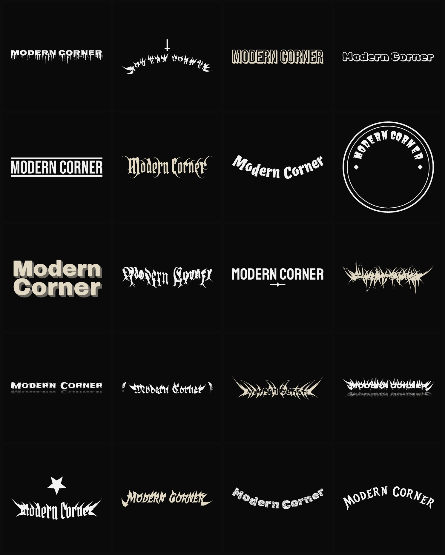 Twenty Modern Corner band logo ideas — different faces, treatments and spike settings