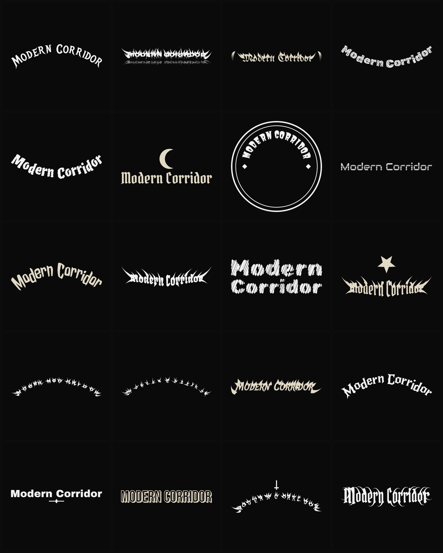 Twenty Modern Corridor band logo ideas — different faces, treatments and spike settings