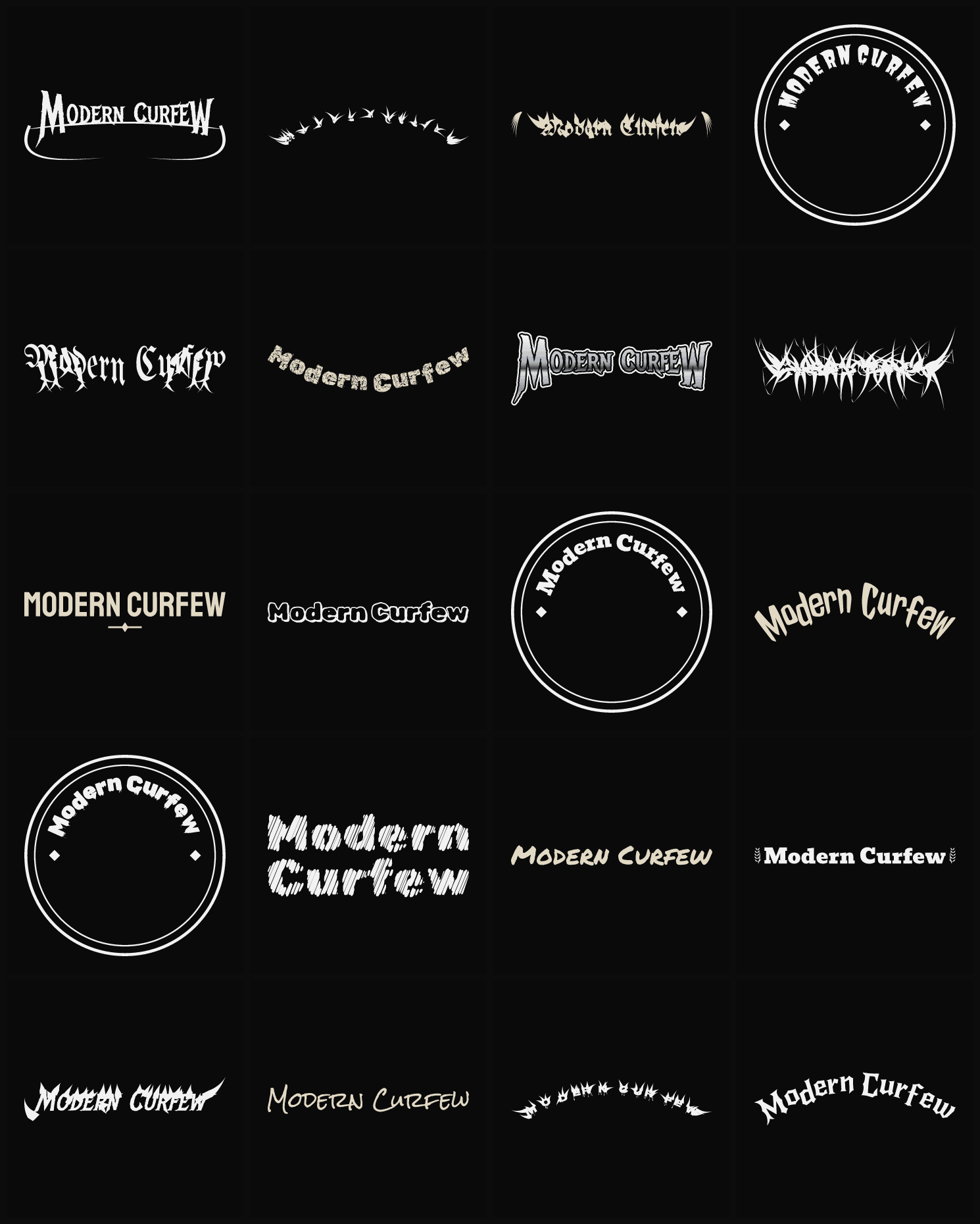 Twenty Modern Curfew band logo ideas — different faces, treatments and spike settings